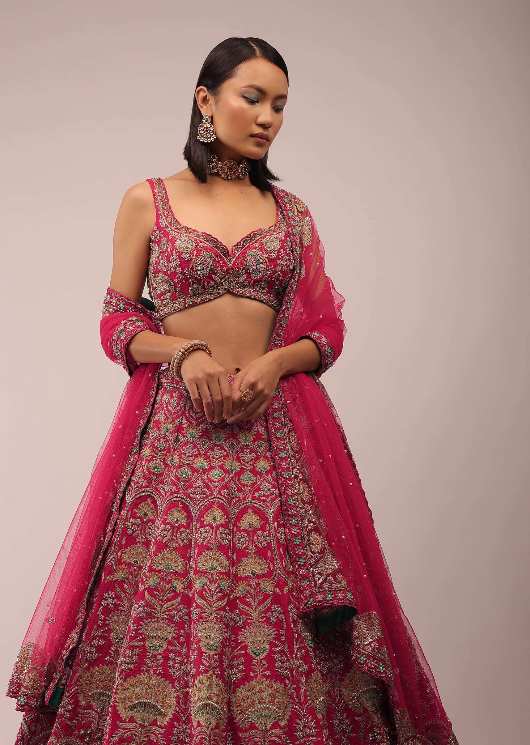 Rani Pink Lehenga In Golden Zari Work Embroidery Inspired By Mughal Architecture With Matching Net Dupatta In Embroidered Buttis - Image 2