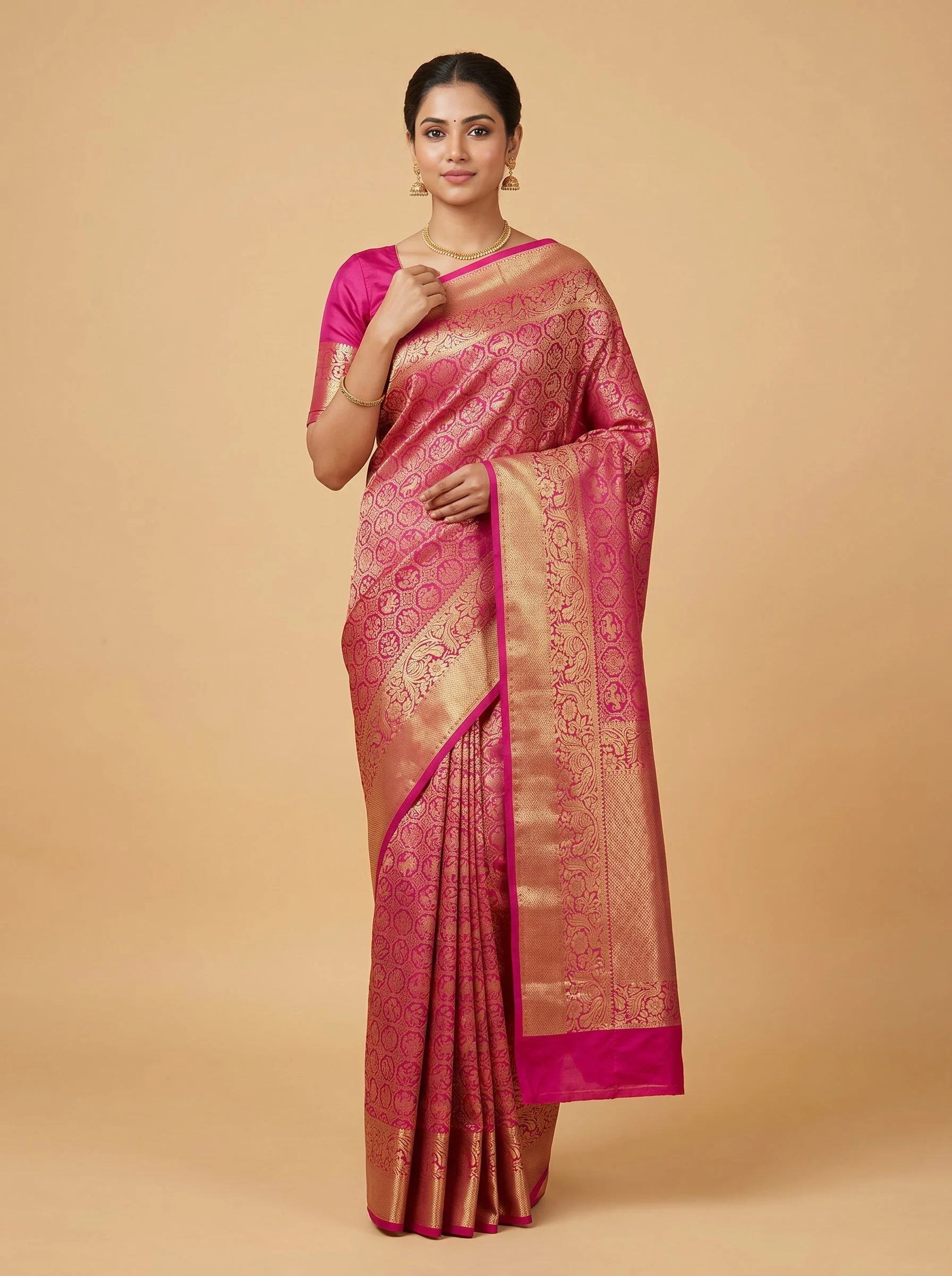 Rani Pink Lively Outline Handloom Saree