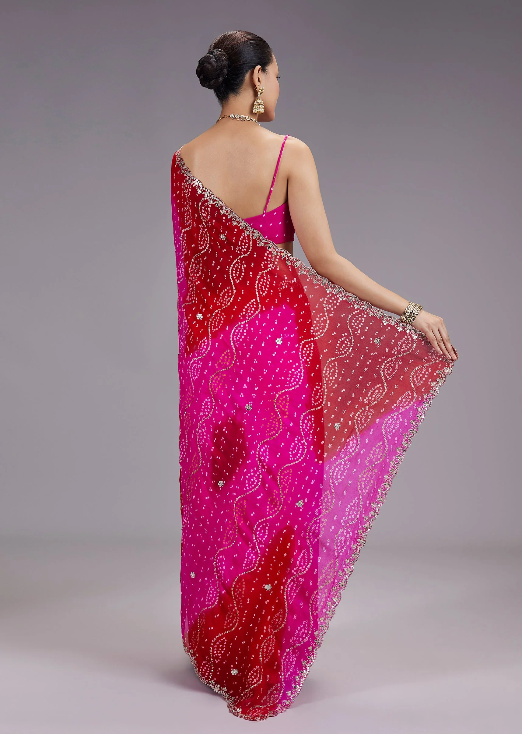 Rani Pink Ombre Hand TieDye Bandhani Georgette Saree With Gota Patti Border - Image 4