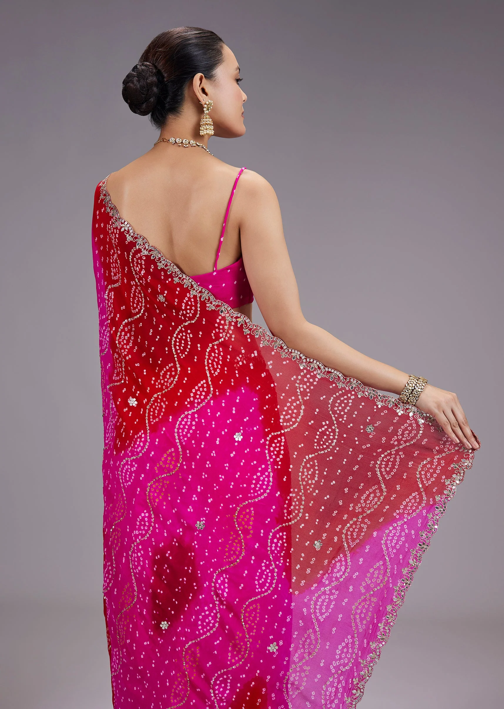 Rani Pink Ombre Hand TieDye Bandhani Georgette Saree With Gota Patti Border - Image 6