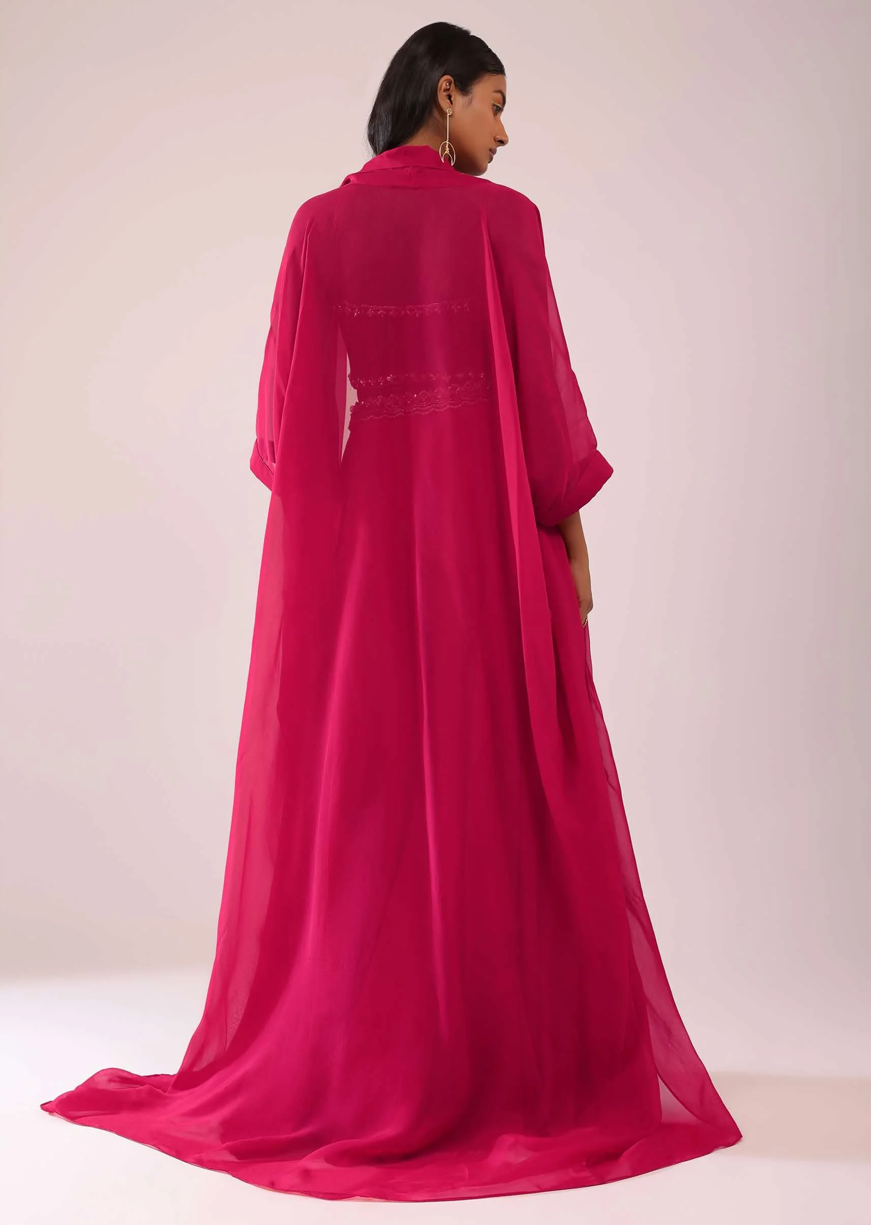 Rani Pink Organza Palazzo And Corset Blouse Set With Floral Embroidery - Image 2