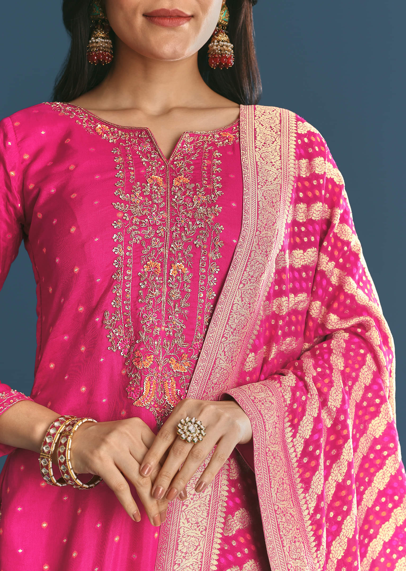 Rani Pink Russian Silk Kurta Palazzo With Banarasi Dupatta - Image 2
