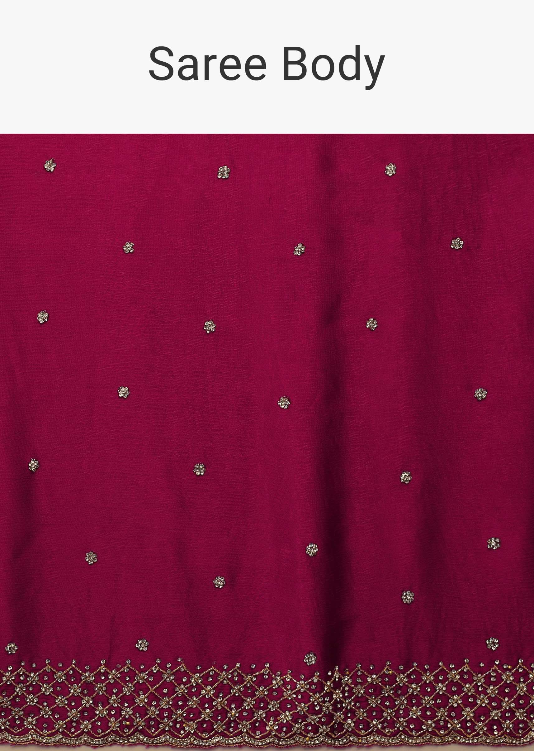 Rani Pink Saree In Chiffon With Cut Dana And Stones Embroidery - Image 6