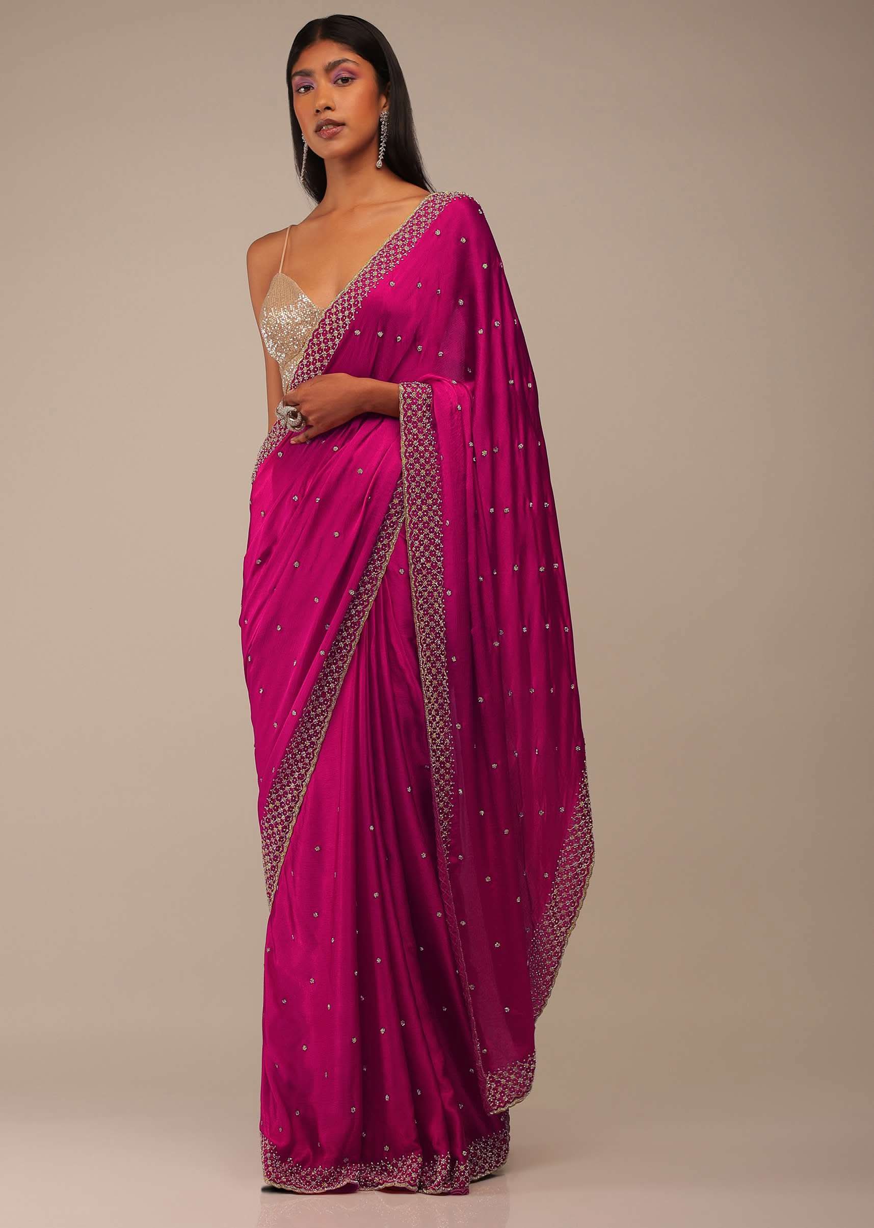 Rani Pink Saree In Stones And Cut Dana Embroidery - Image 3