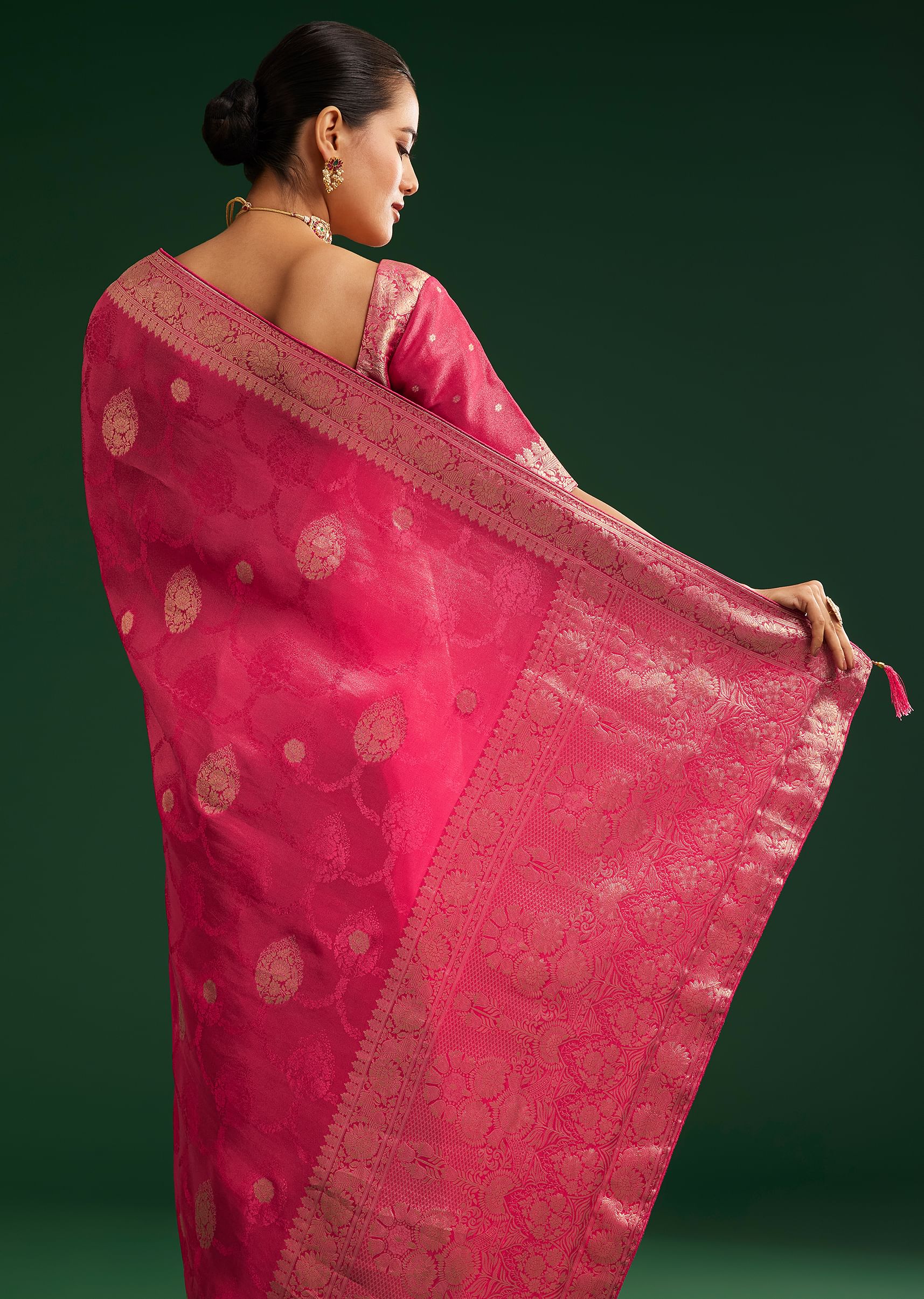 Rani Pink Saree With Woven Zari Motif And Embroidered Blouse - Image 4