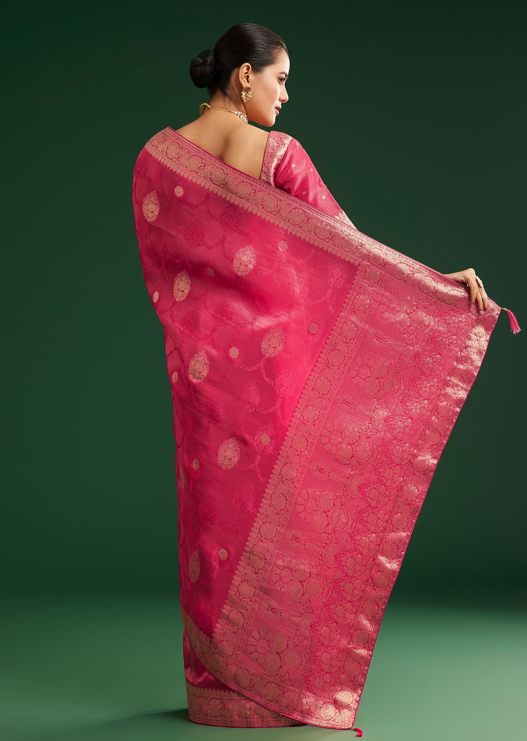 Rani Pink Saree With Woven Zari Motif And Embroidered Blouse - Image 6