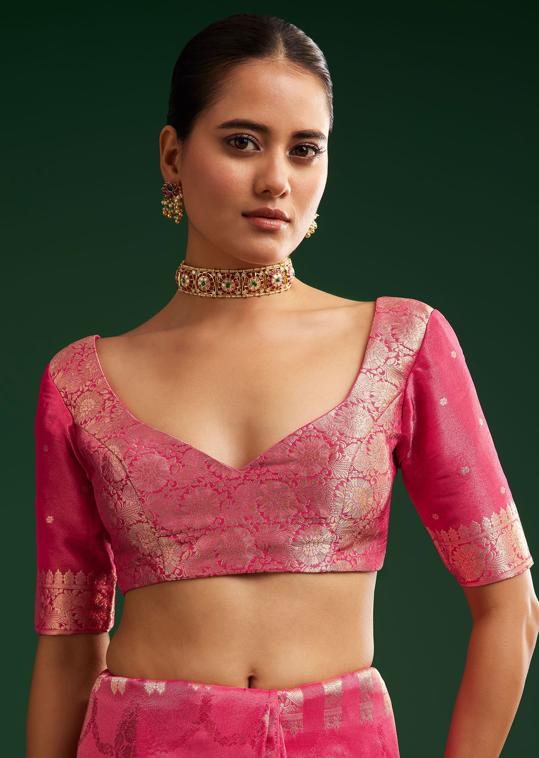 Rani Pink Saree With Woven Zari Motif And Embroidered Blouse - Image 7