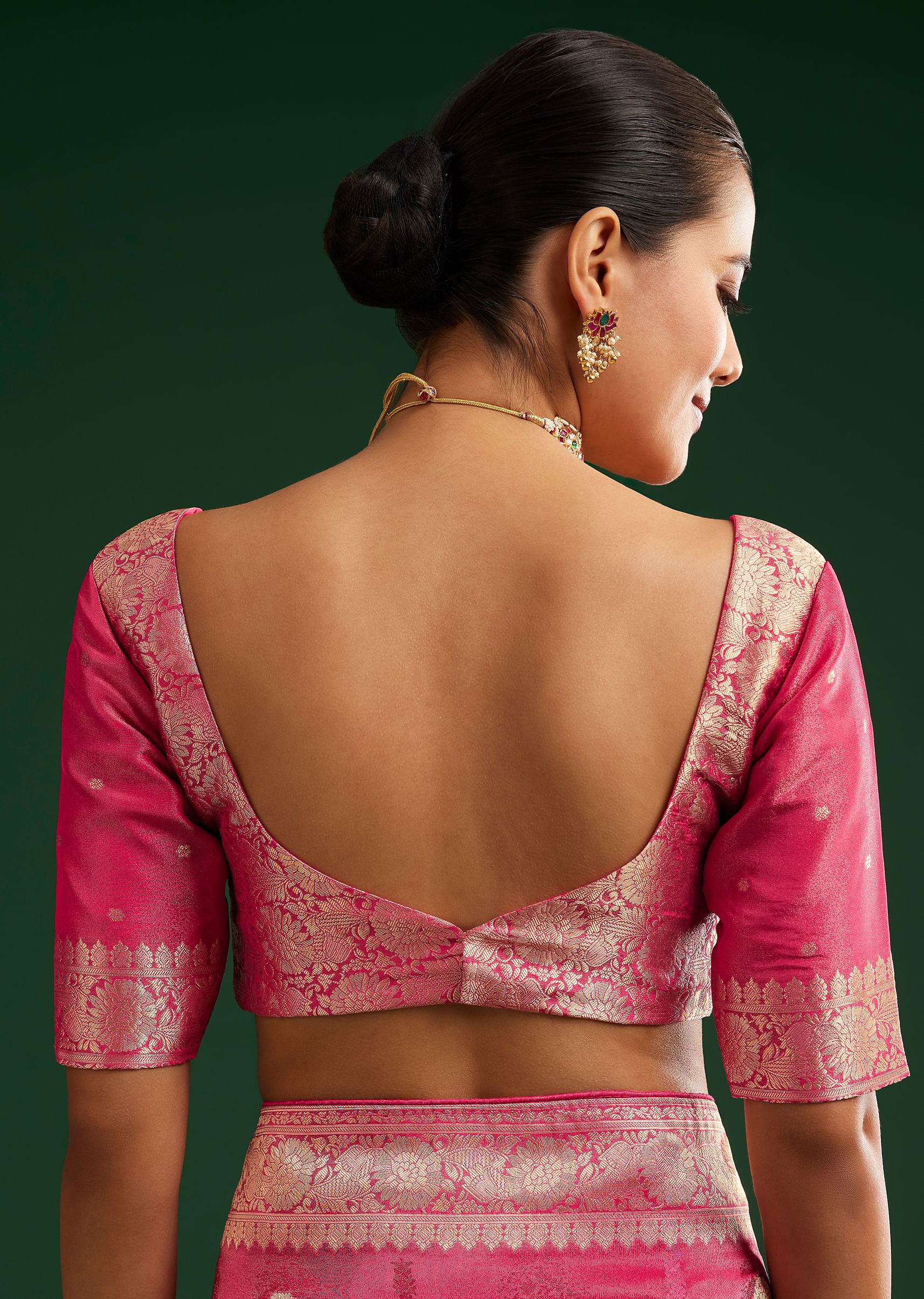 Rani Pink Saree With Woven Zari Motif And Embroidered Blouse - Image 8