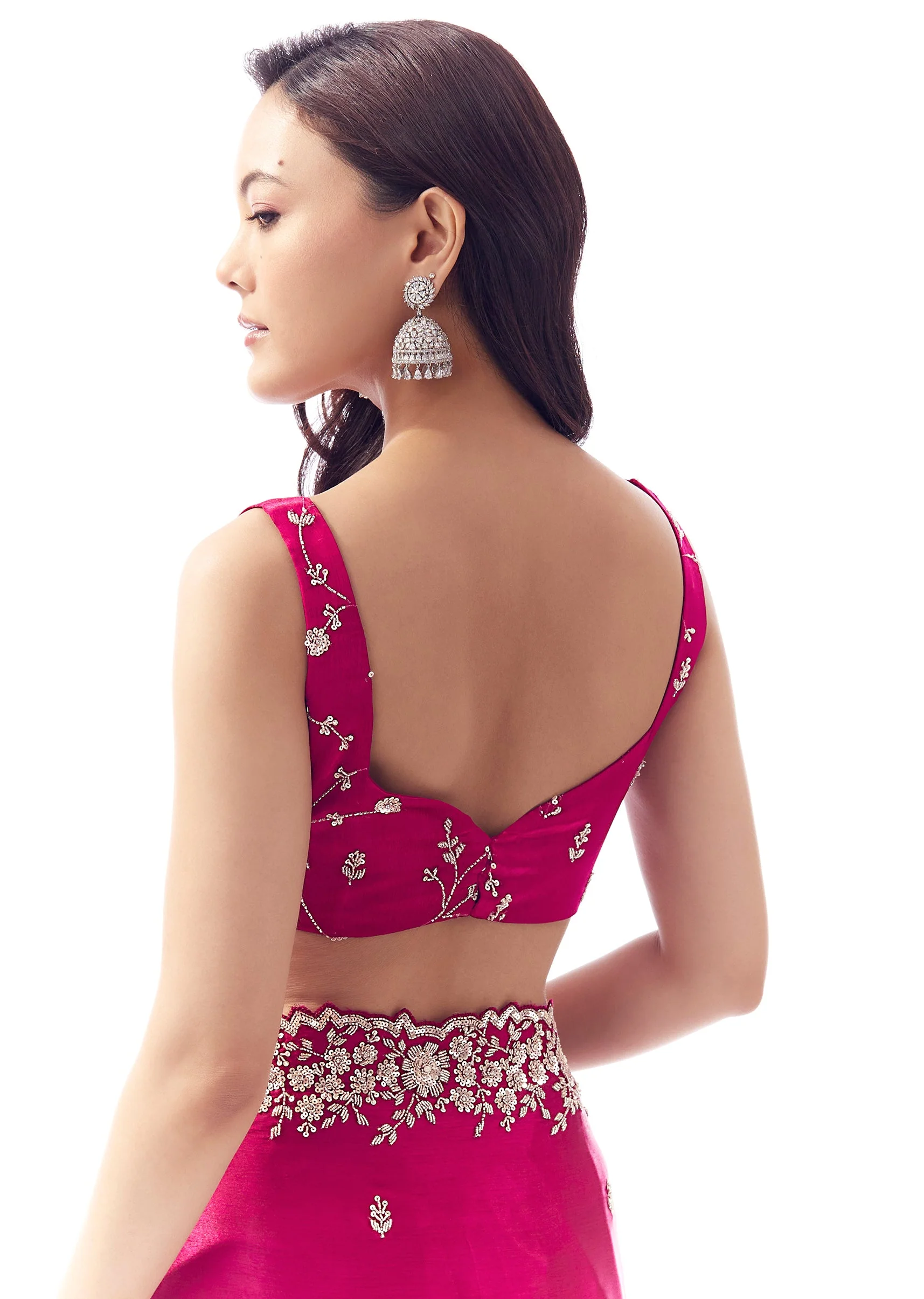 Rani Pink Satin Chinon Saree With Cutwork Floral Embroidered Border - Image 8