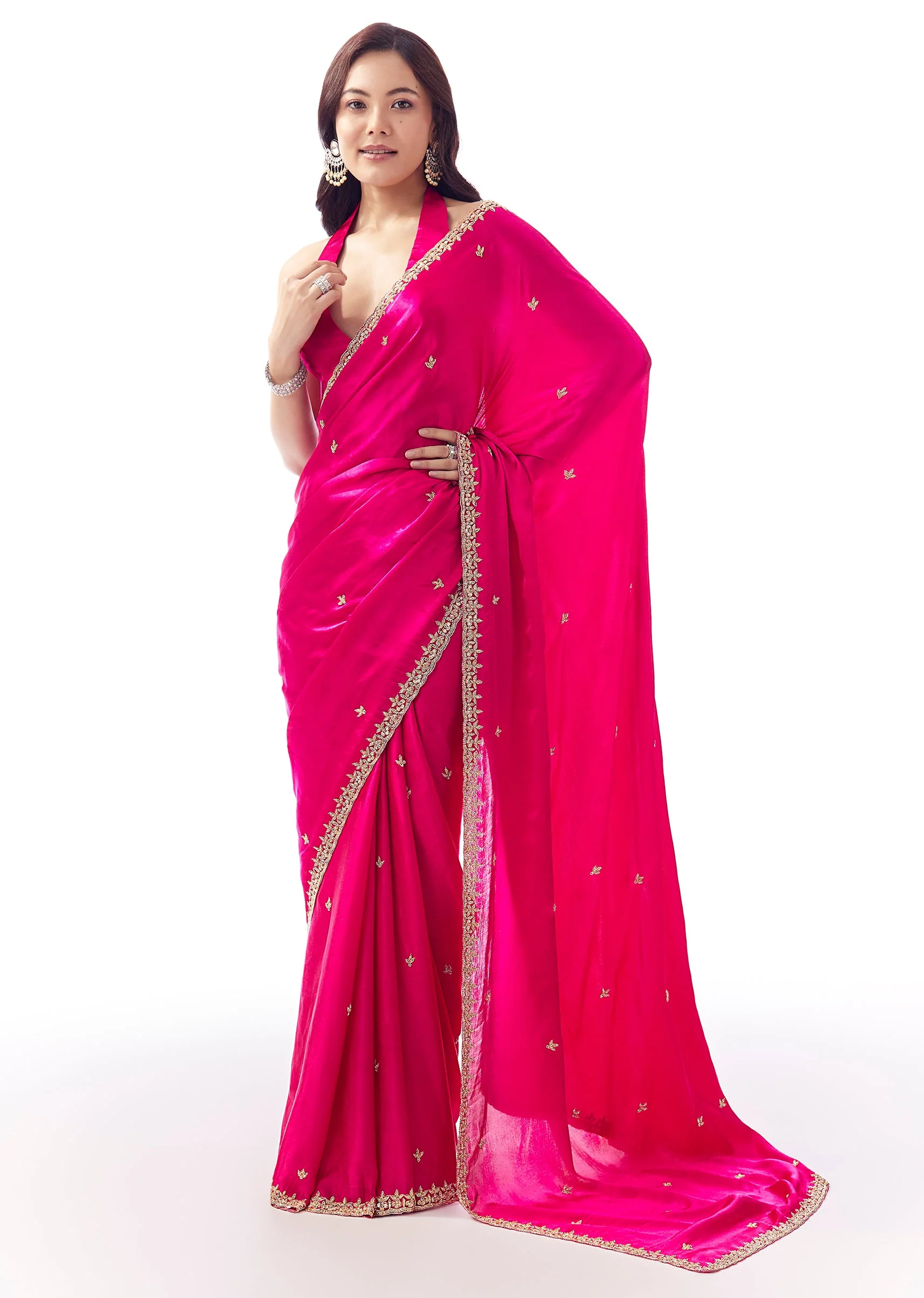 Rani Pink Satin Chinon Saree With Hand Embroidered Cutdana And Stone Border - Image 3