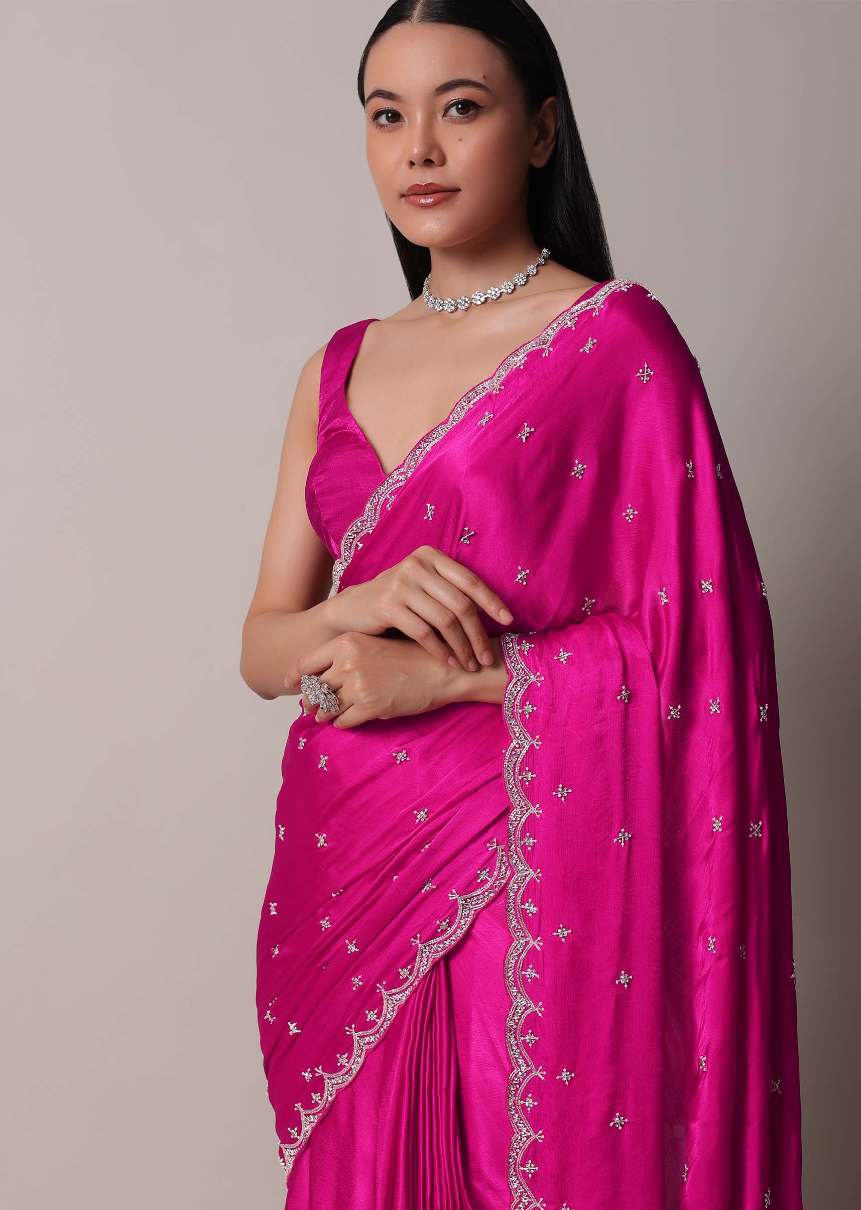 Rani Pink Satin Chinon Saree With Scallop Border And Unstitched Blouse Piece - Image 2