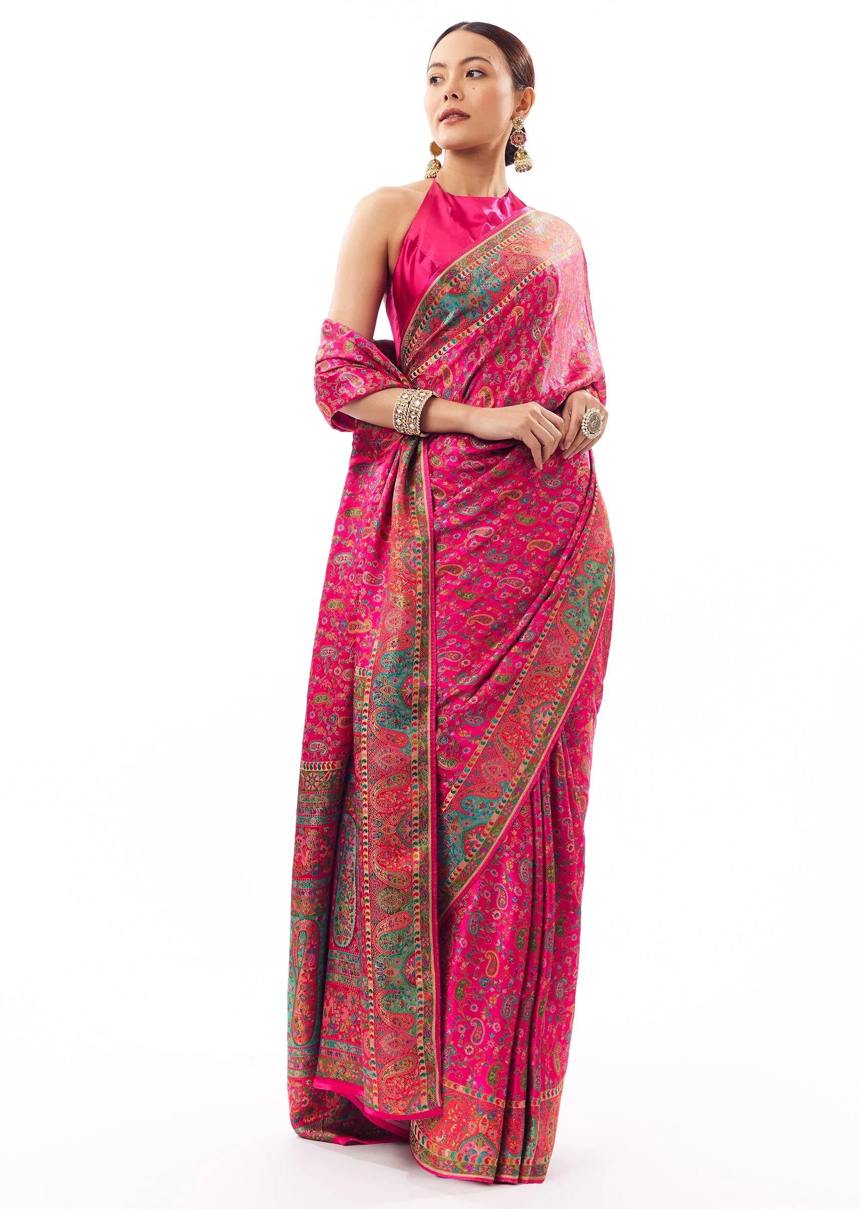 Rani Pink Satin Woven Saree With Multicolor Woven Motifs