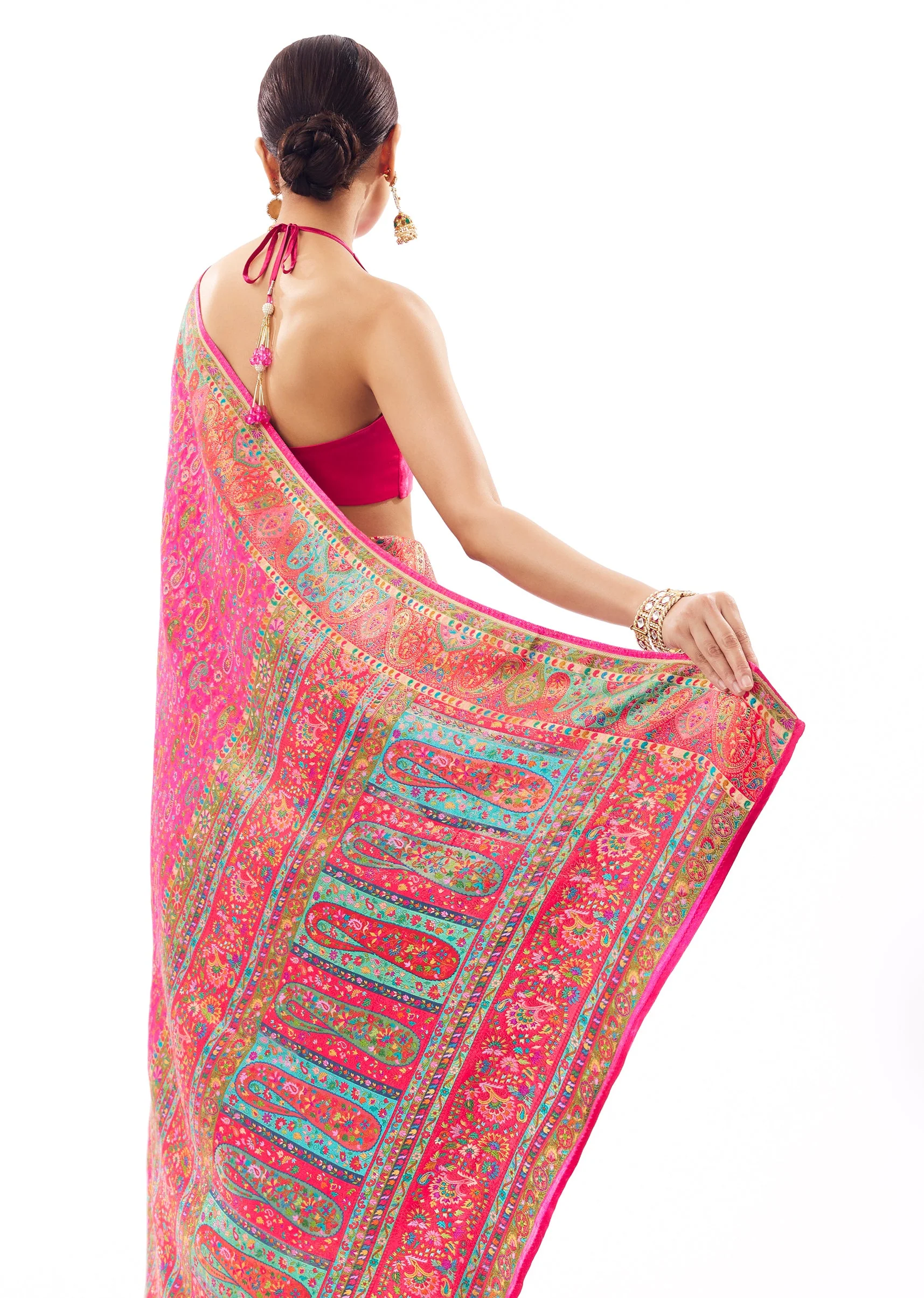 Rani Pink Satin Woven Saree With Multicolor Woven Motifs - Image 6