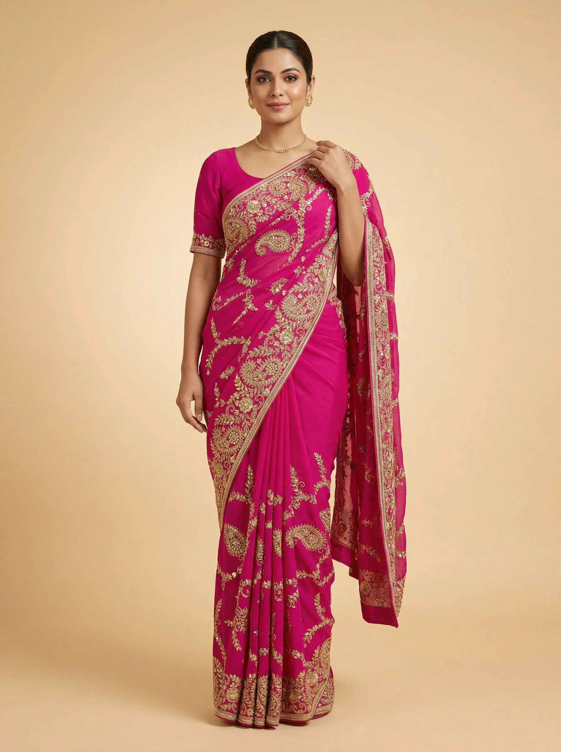 Rani Pink Shining Embroidered Saree