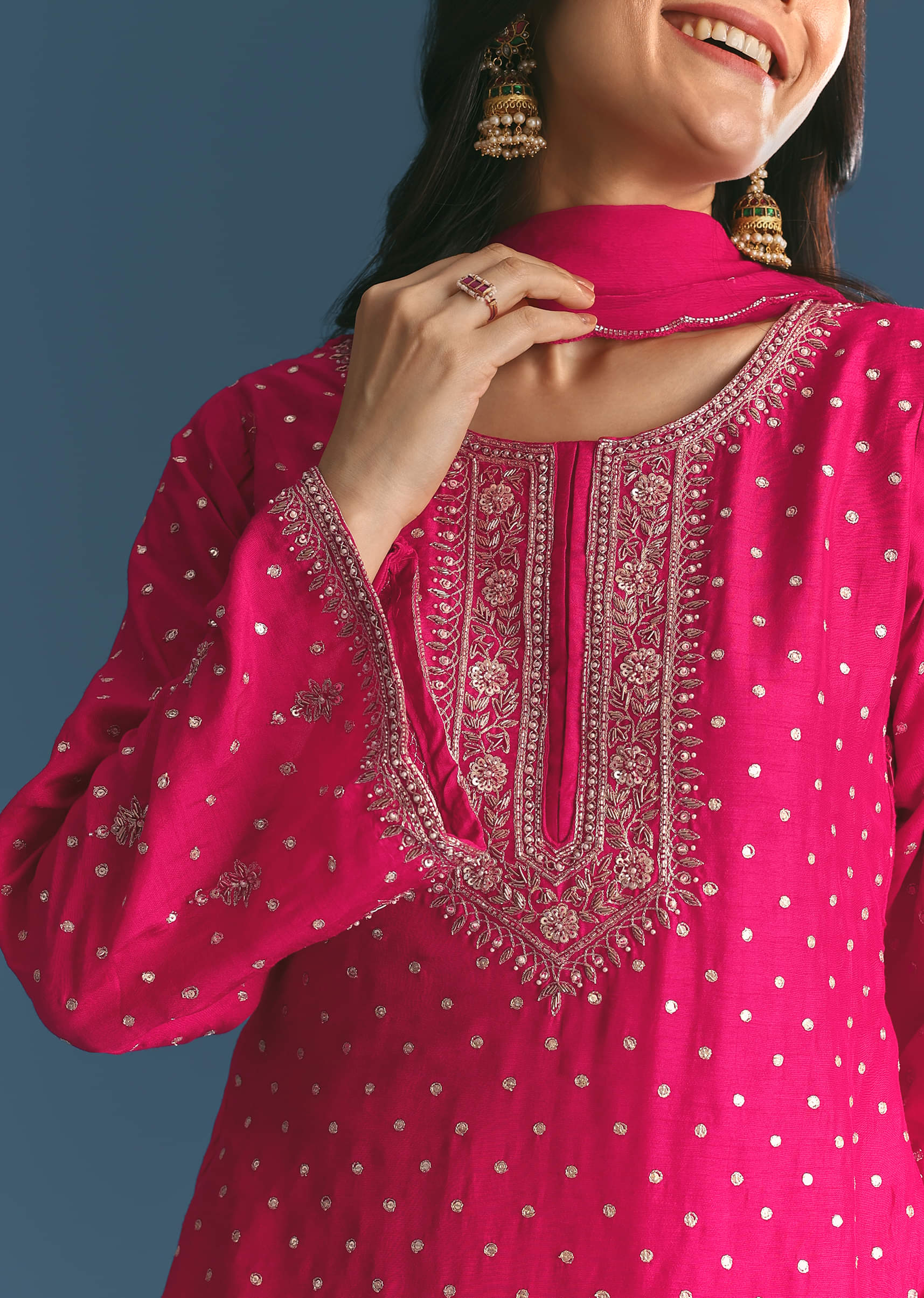 Rani Pink Silk Embroidered Kurta Set With Dupatta - Image 2