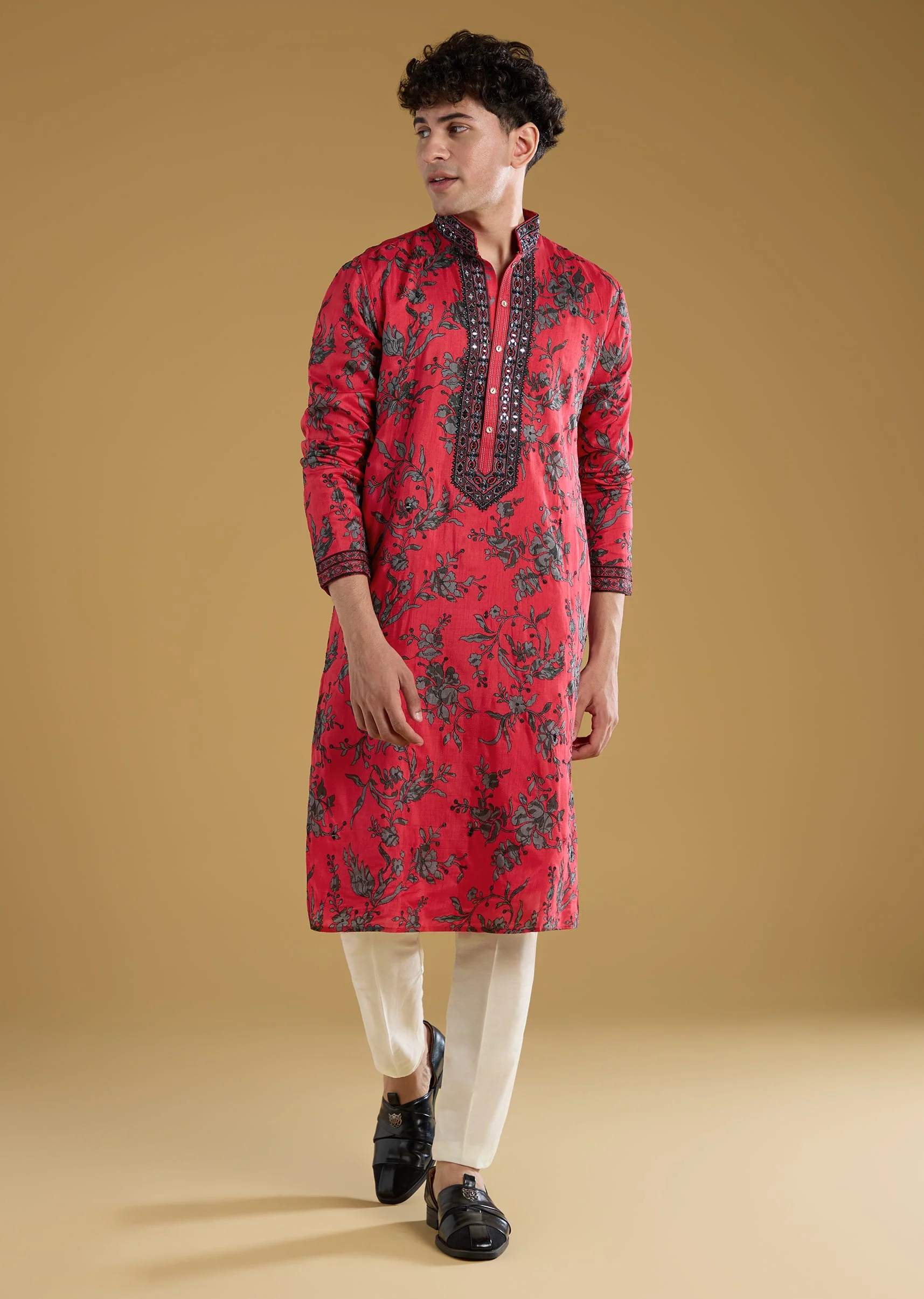 Rani Pink Silk Kurta Set With Thread And Mirror Detail Work - Image 4