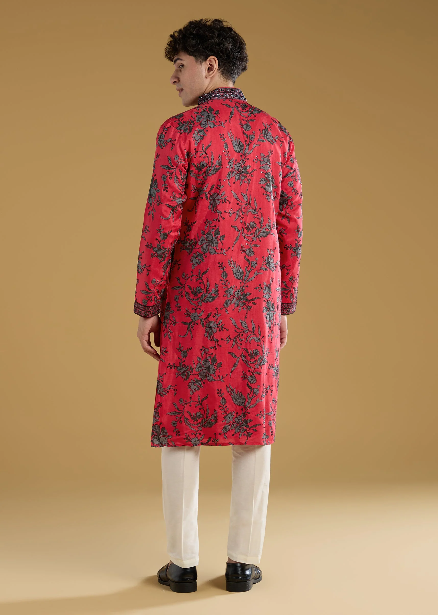 Rani Pink Silk Kurta Set With Thread And Mirror Detail Work - Image 5