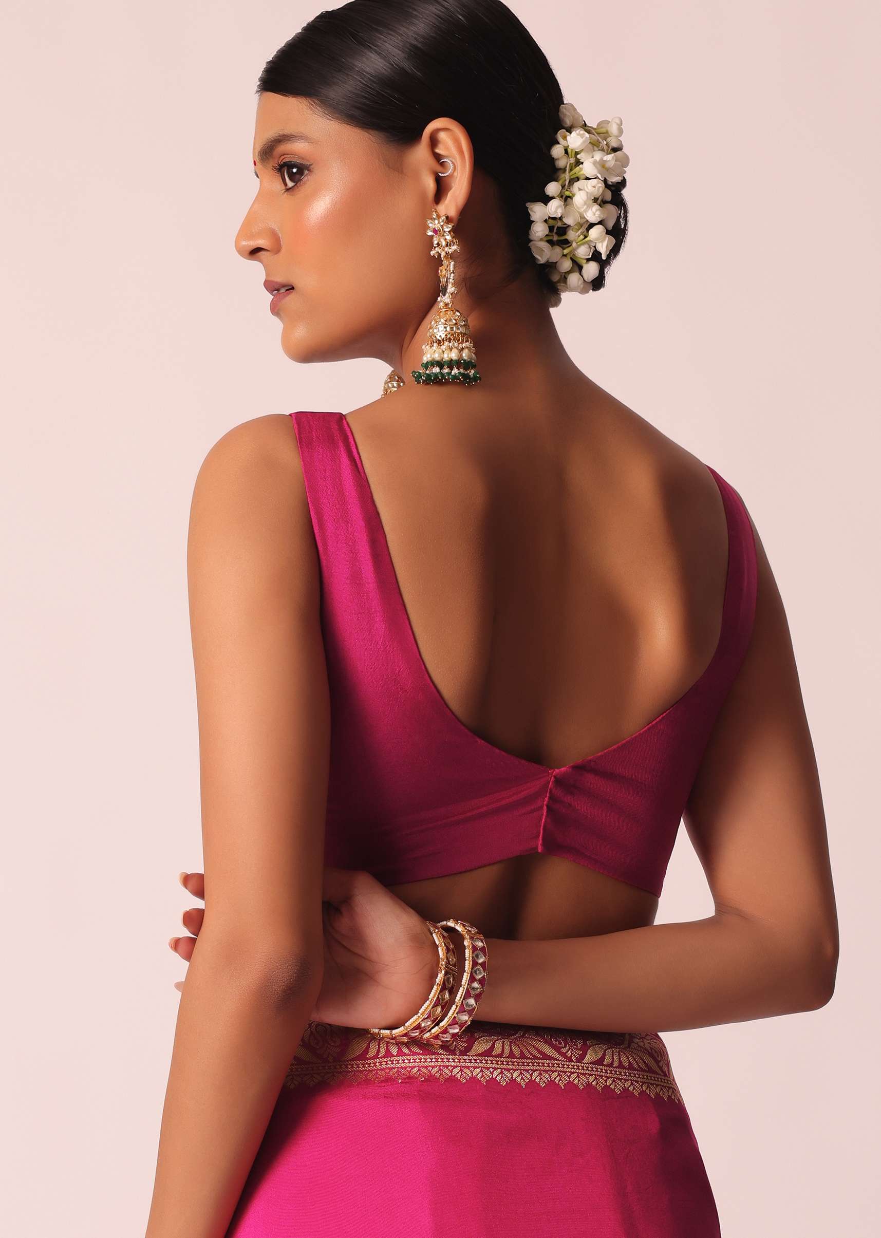 Rani Pink Silk Saree With Bandhani Detail And Unstitched Blouse Piece - Image 7