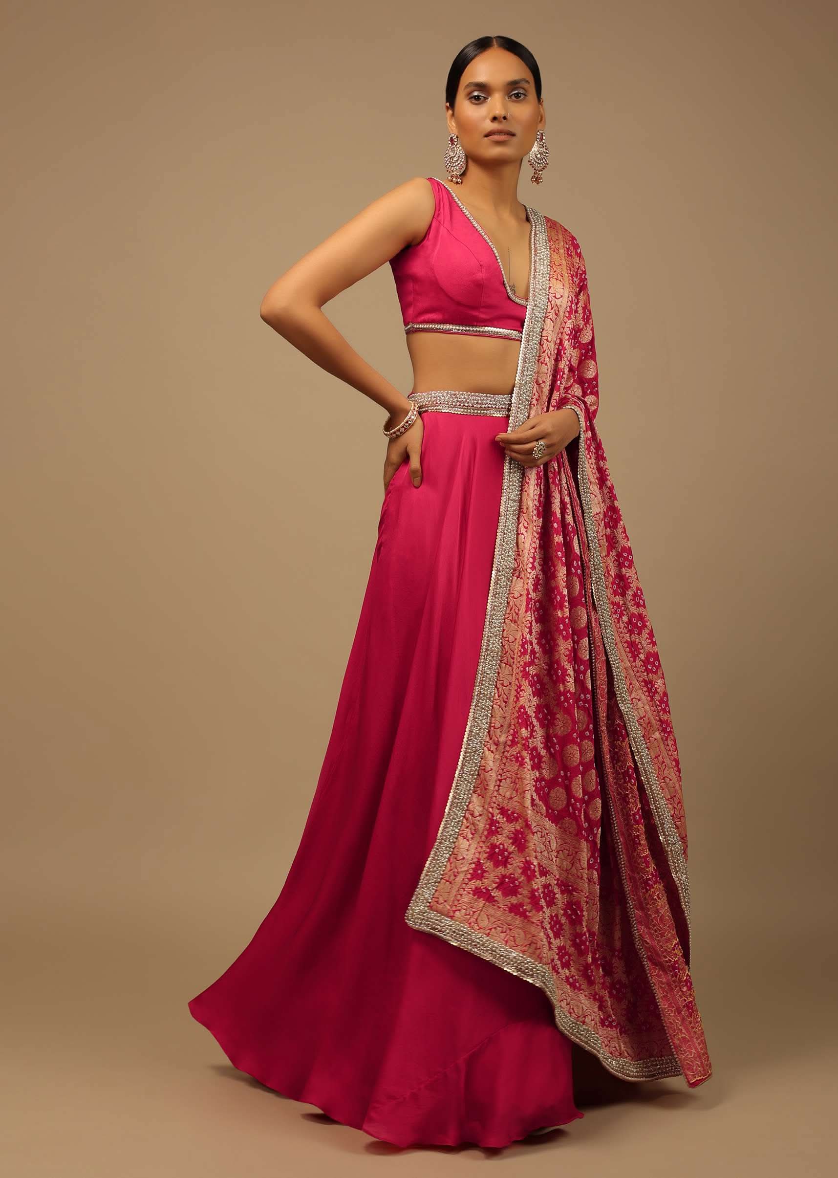 Rani Pink Skirt And Crop Top Set With A Bandhani Brocade Dupatta Edged In Moti Work - Image 3