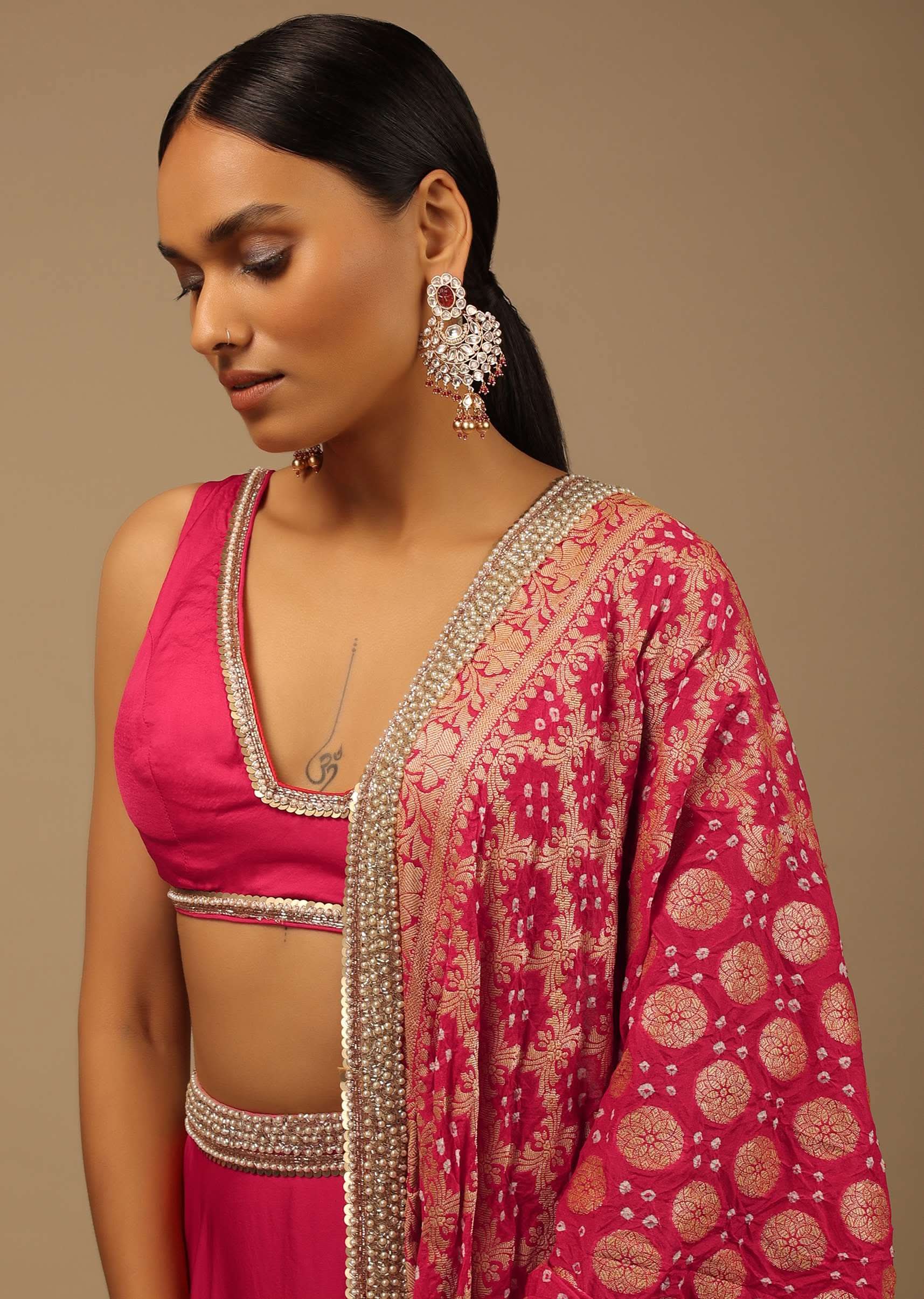 Rani Pink Skirt And Crop Top Set With A Bandhani Brocade Dupatta Edged In Moti Work - Image 4