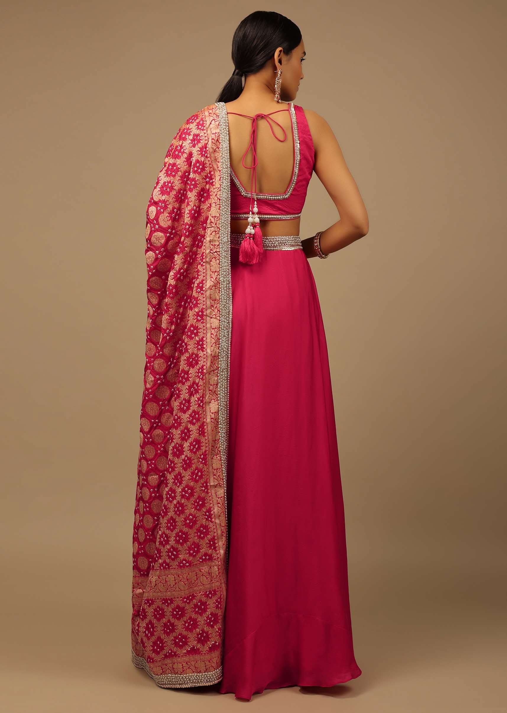 Rani Pink Skirt And Crop Top Set With A Bandhani Brocade Dupatta Edged In Moti Work - Image 5