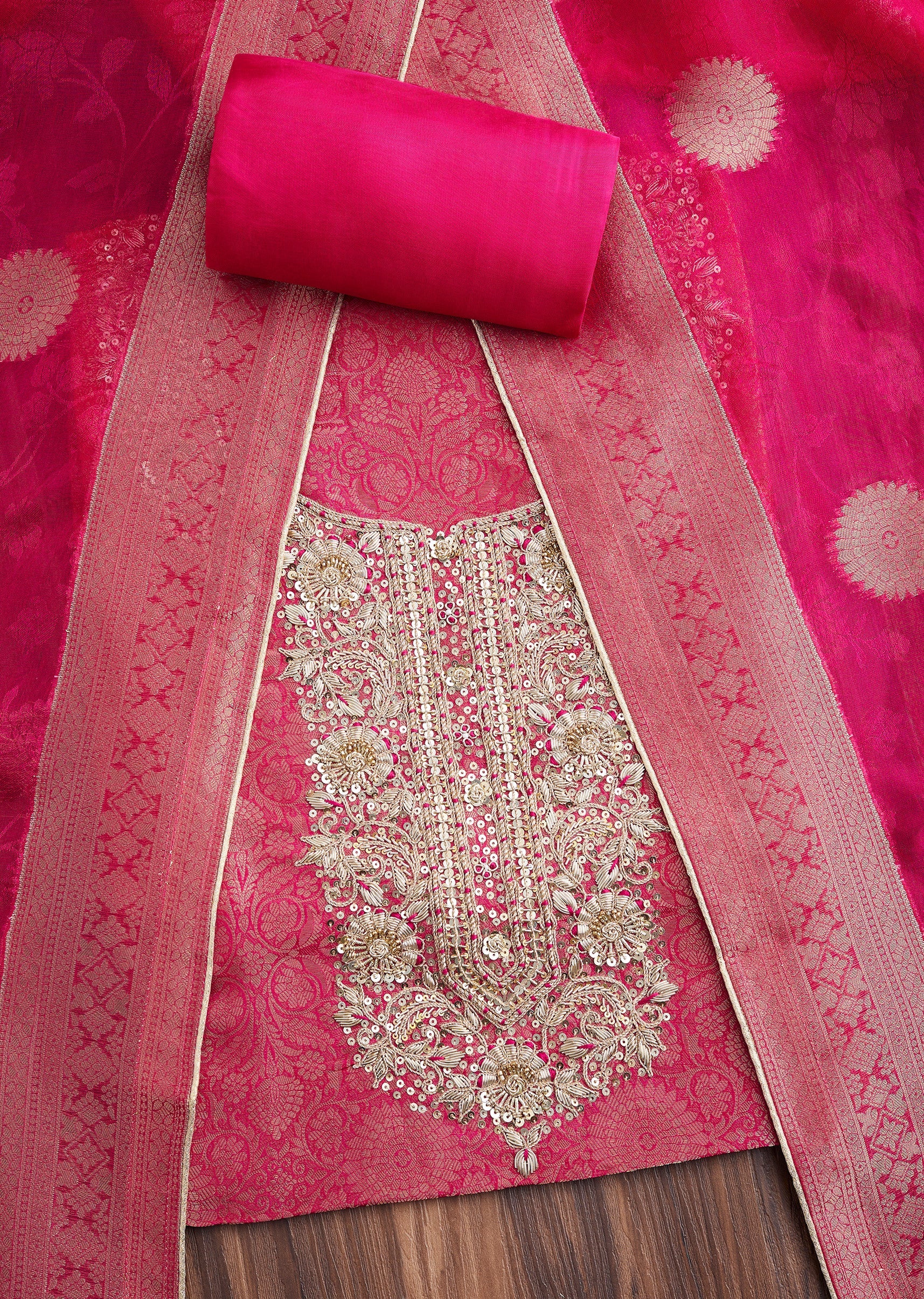Rani Pink Tissue Brocade Embroidered Unstitched Suit