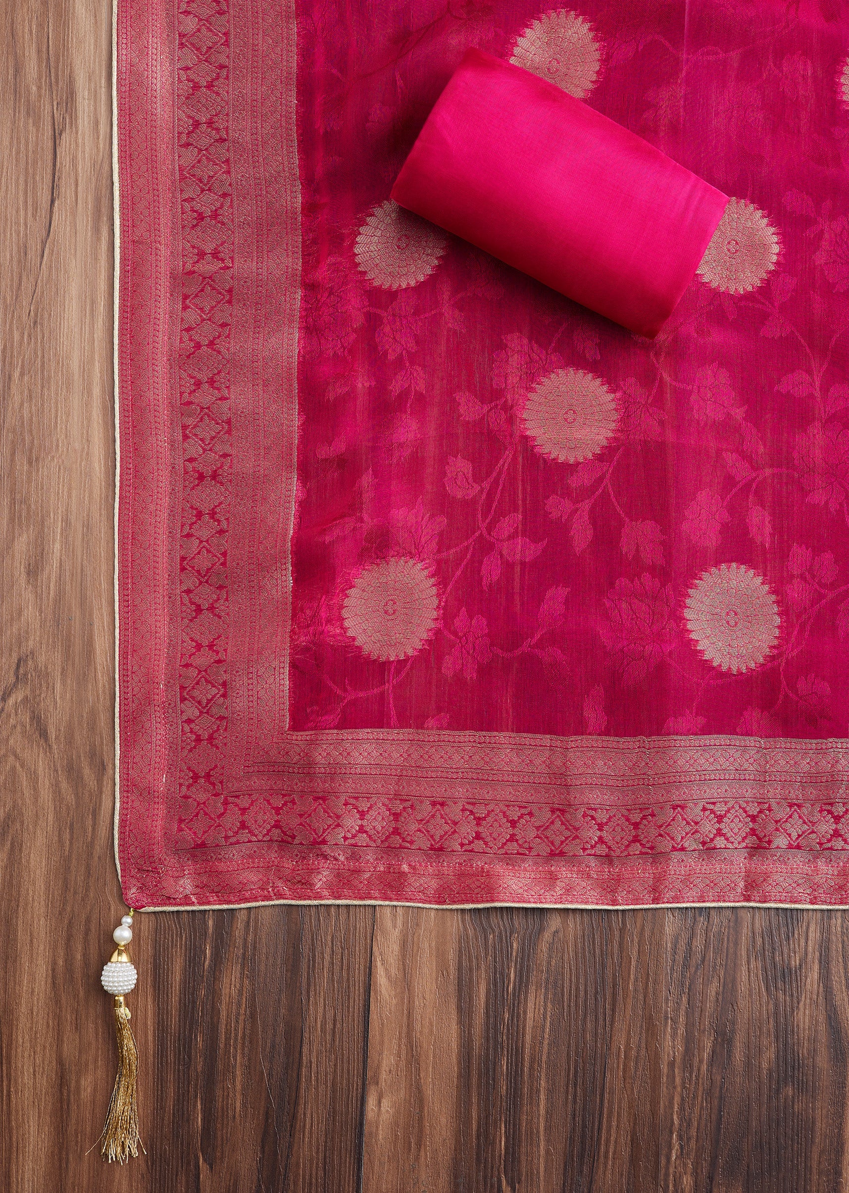 Rani Pink Tissue Brocade Embroidered Unstitched Suit - Image 4