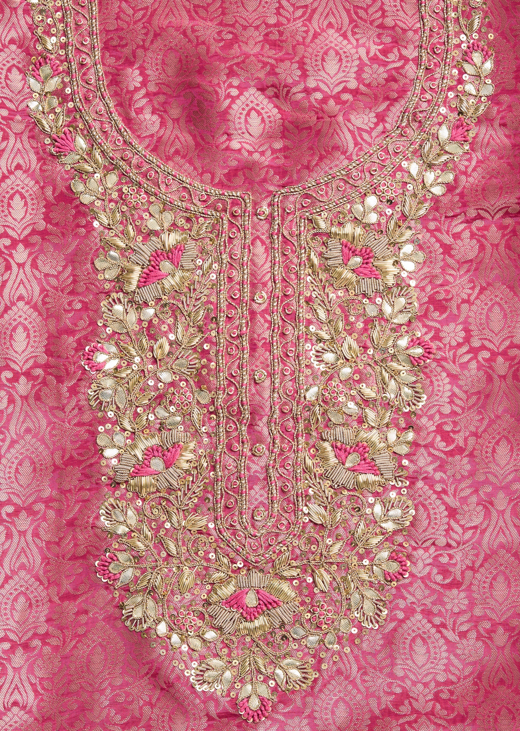 Rani Pink Tissue Brocade Embroidered Unstitched Suit Set - Image 2