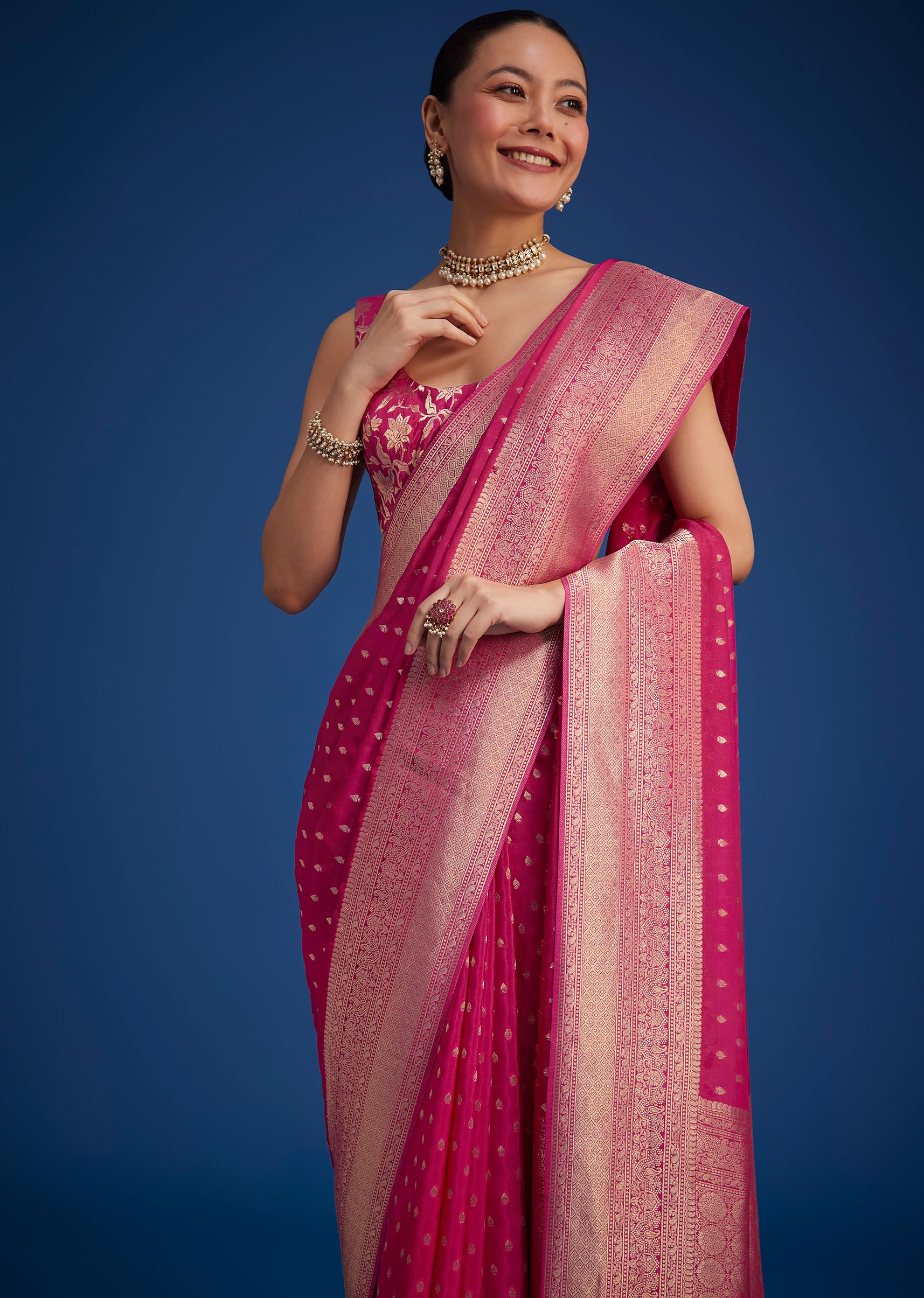 Rani Pink Tissue Silk Ready To Wear Saree With Zari Border And Butti Work