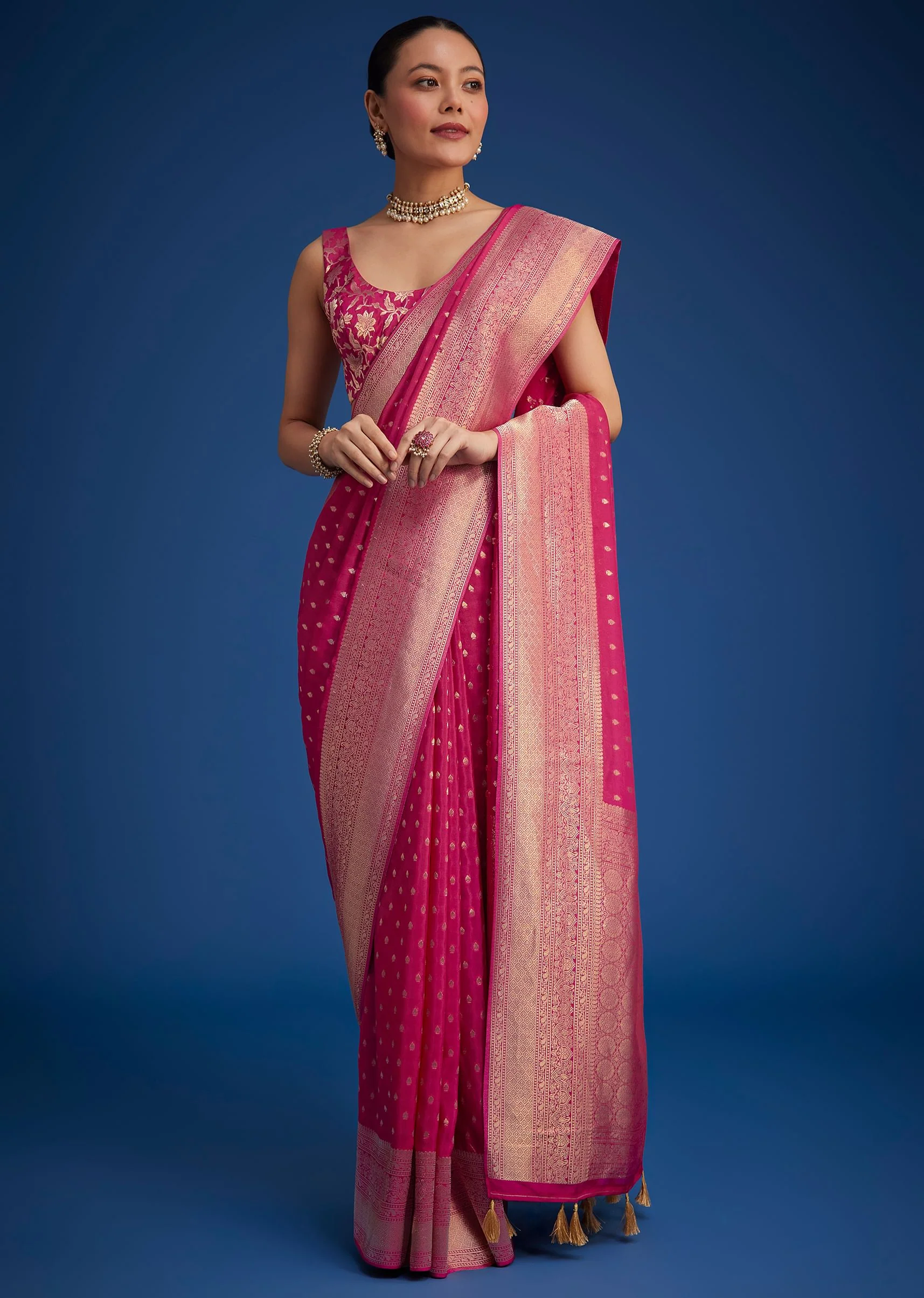 Rani Pink Tissue Silk Ready To Wear Saree With Zari Border And Butti Work - Image 5