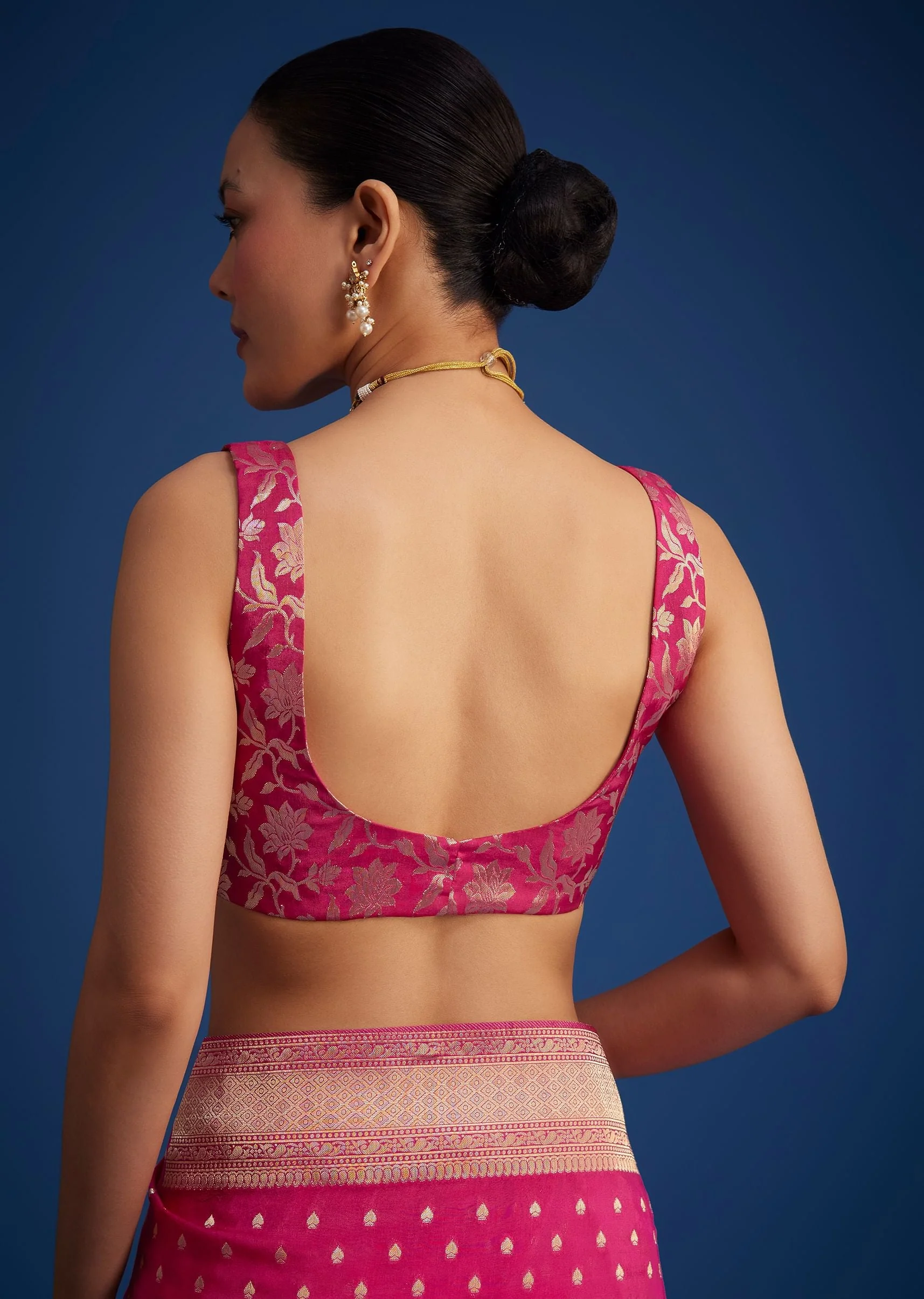 Rani Pink Tissue Silk Ready To Wear Saree With Zari Border And Butti Work - Image 8