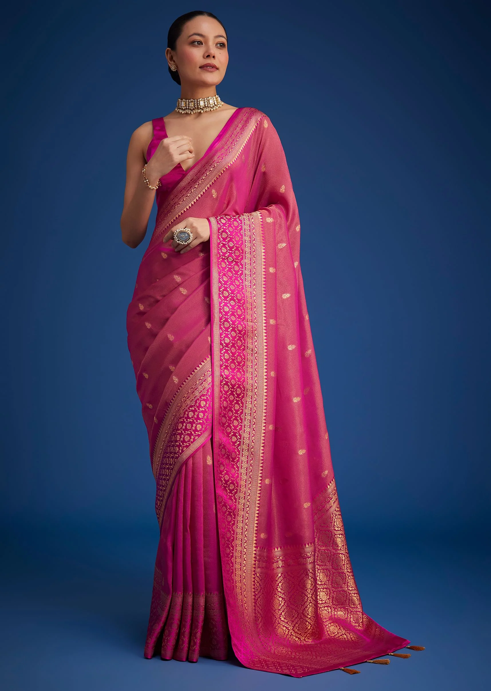 Rani Pink Tissue Silk Saree With Butti Work - Image 2