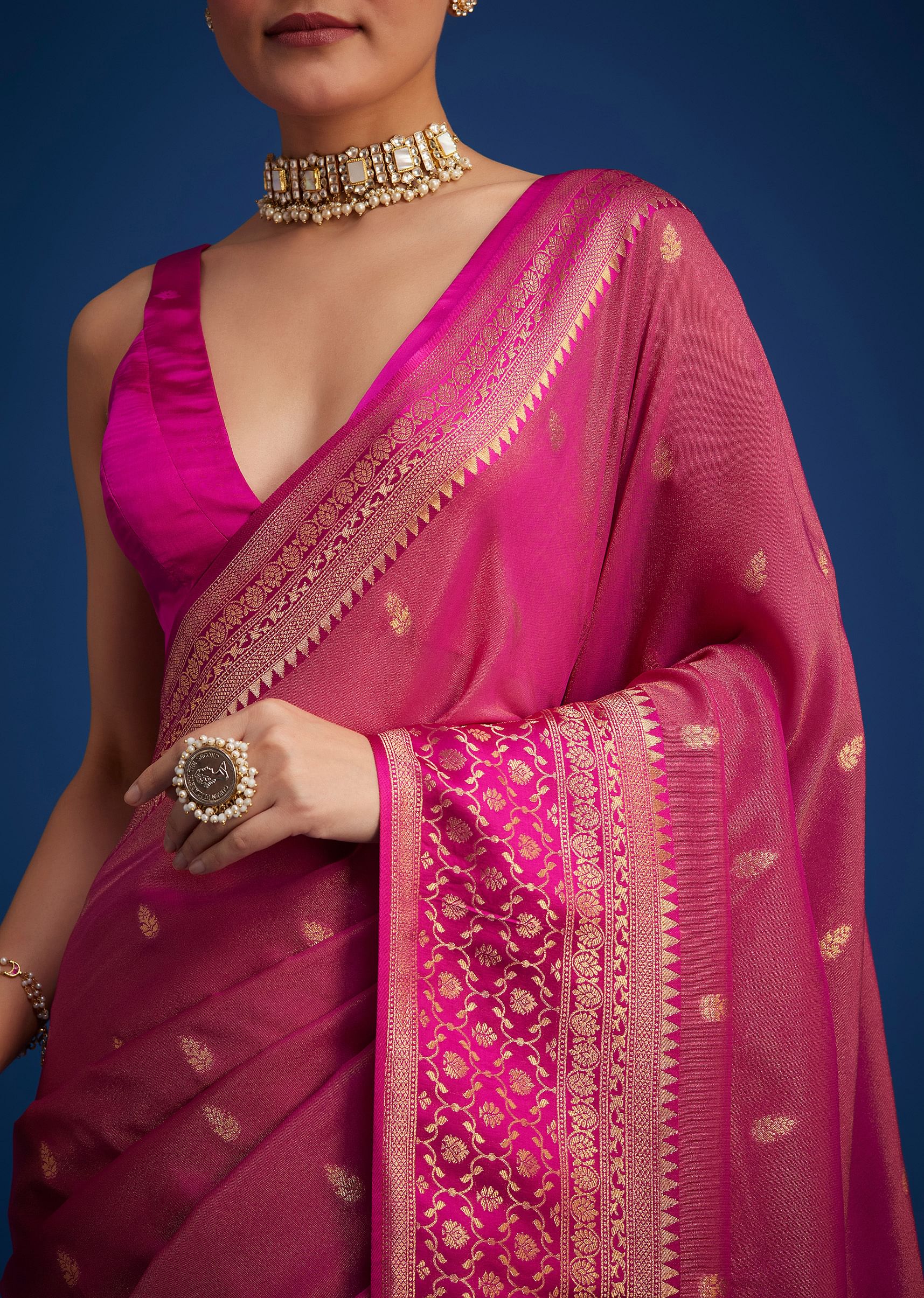 Rani Pink Tissue Silk Saree With Butti Work - Image 3