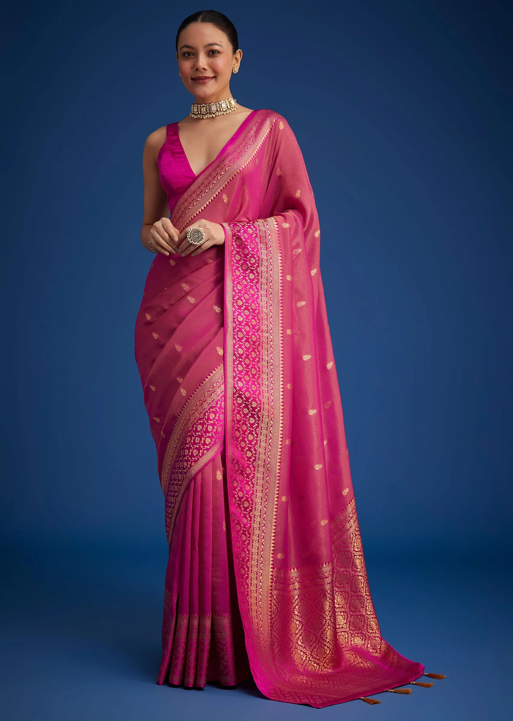 Rani Pink Tissue Silk Saree With Butti Work - Image 5