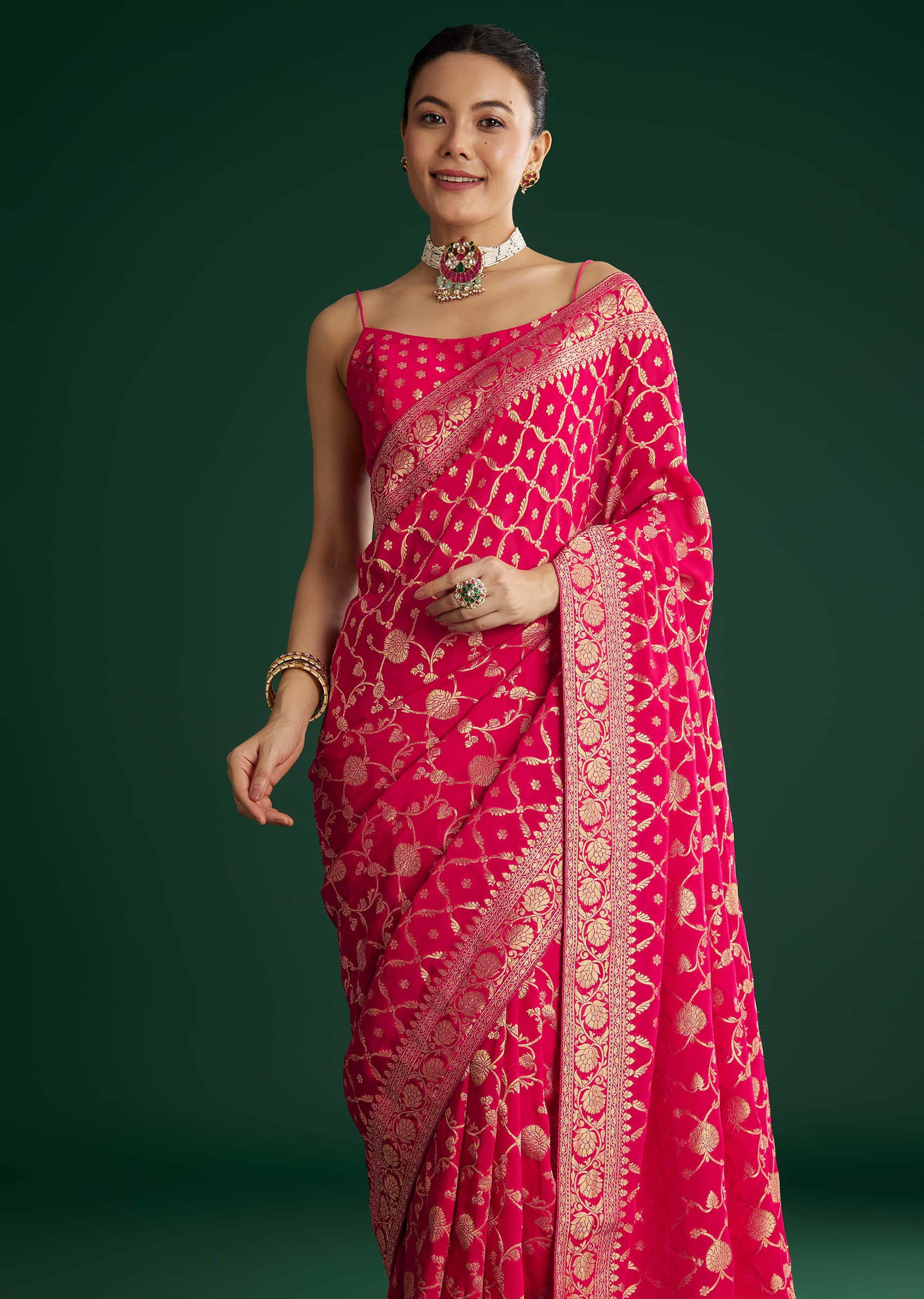 Rani Pink Woven Saree With Jaal Work And Floral Border - Image 2