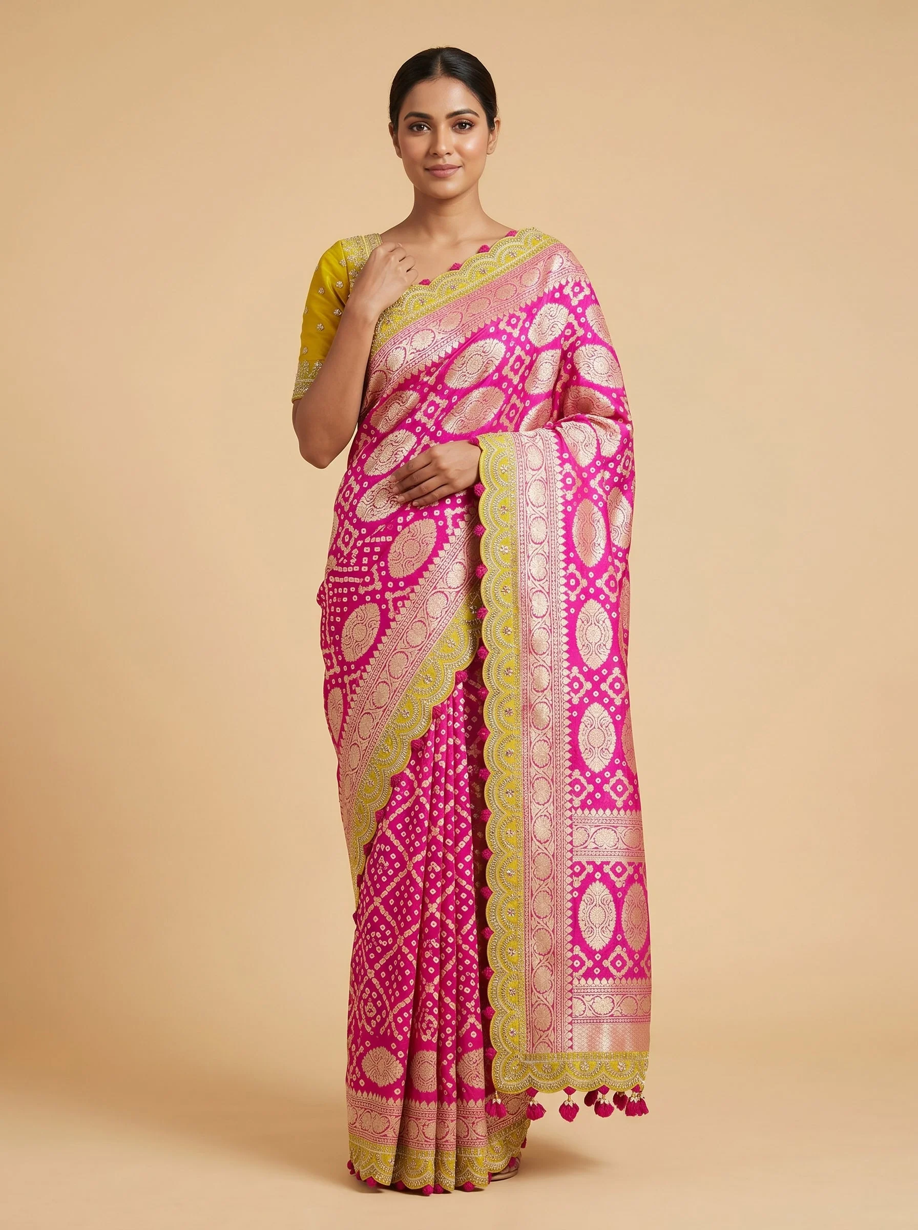 Rani Pink Yellow Glow Embroidered Saree