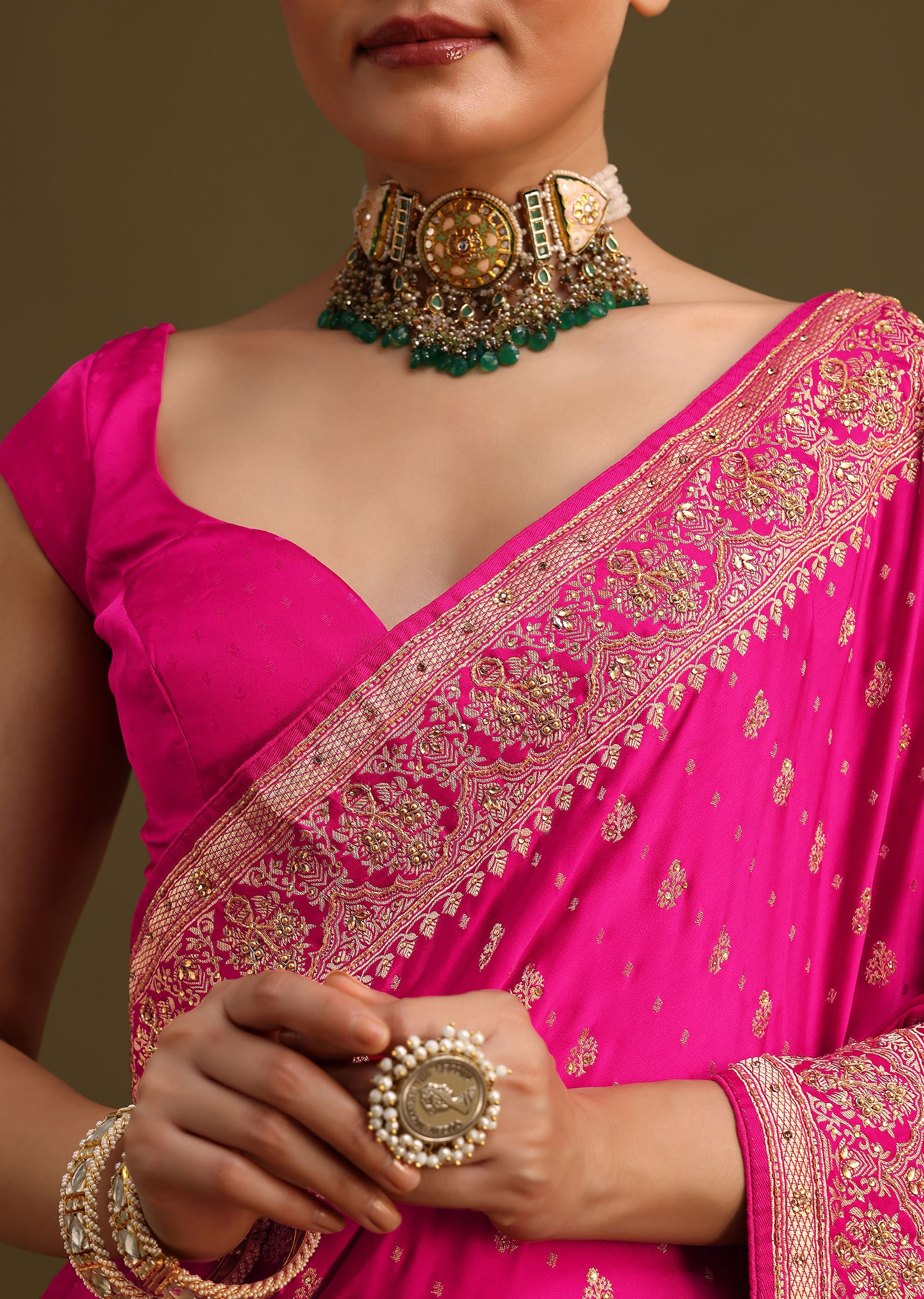 Rani Pink Zardosi Embroidered Saree With Unstitched Blouse - Image 2