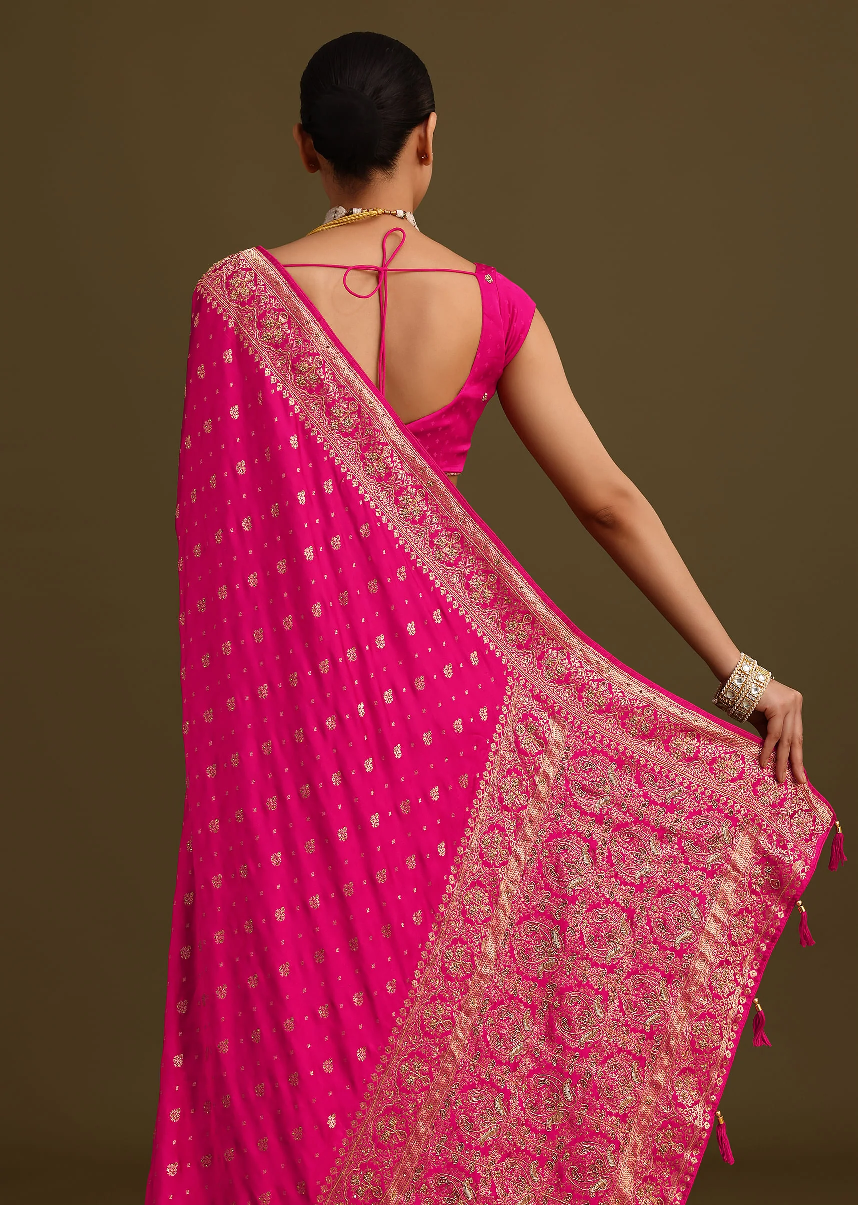 Rani Pink Zardosi Embroidered Saree With Unstitched Blouse - Image 4