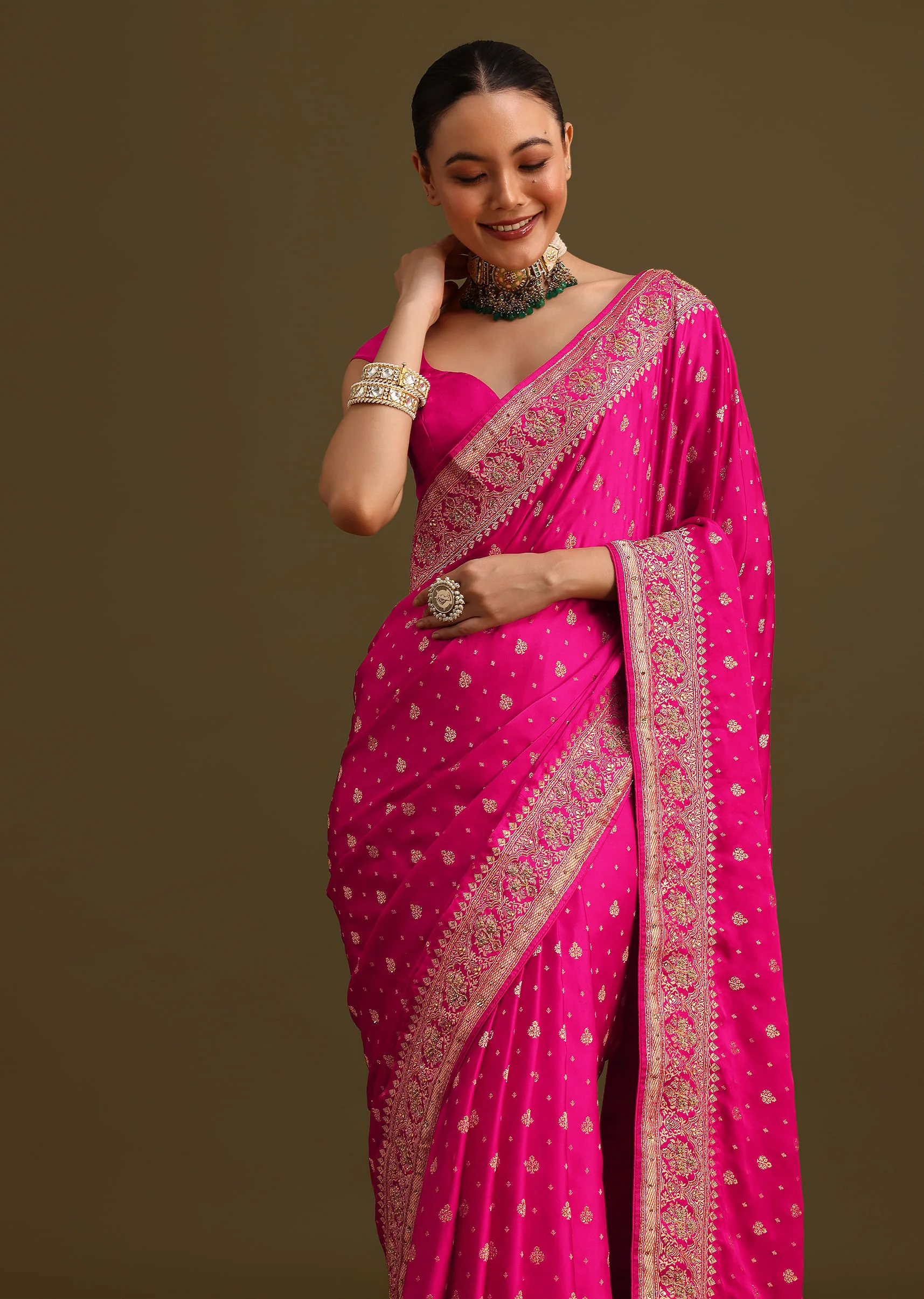 Rani Pink Zardosi Embroidered Saree With Unstitched Blouse - Image 5