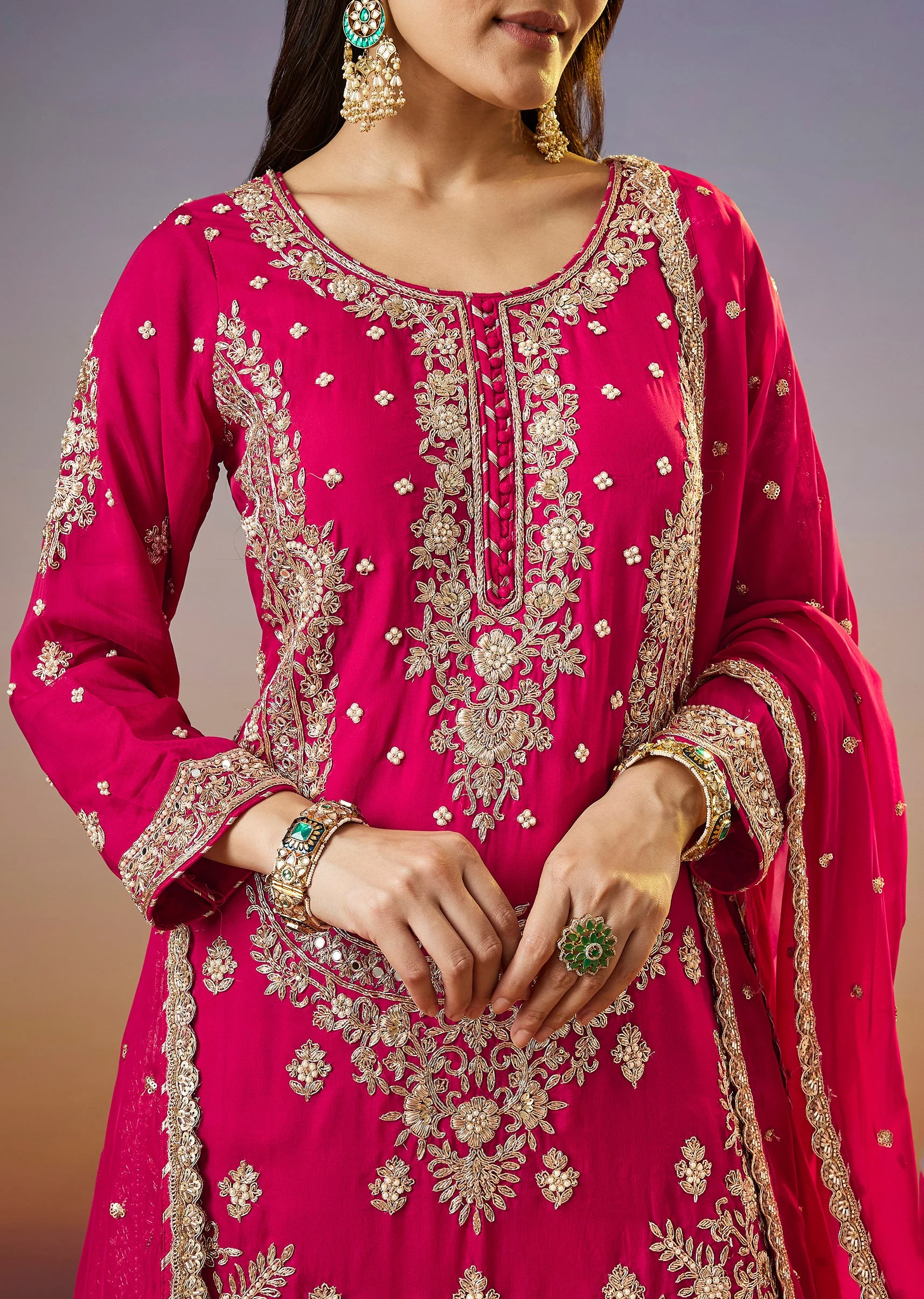 Rani Pink Zardosi Palazzo Suit With Organza Dupatta - Image 2