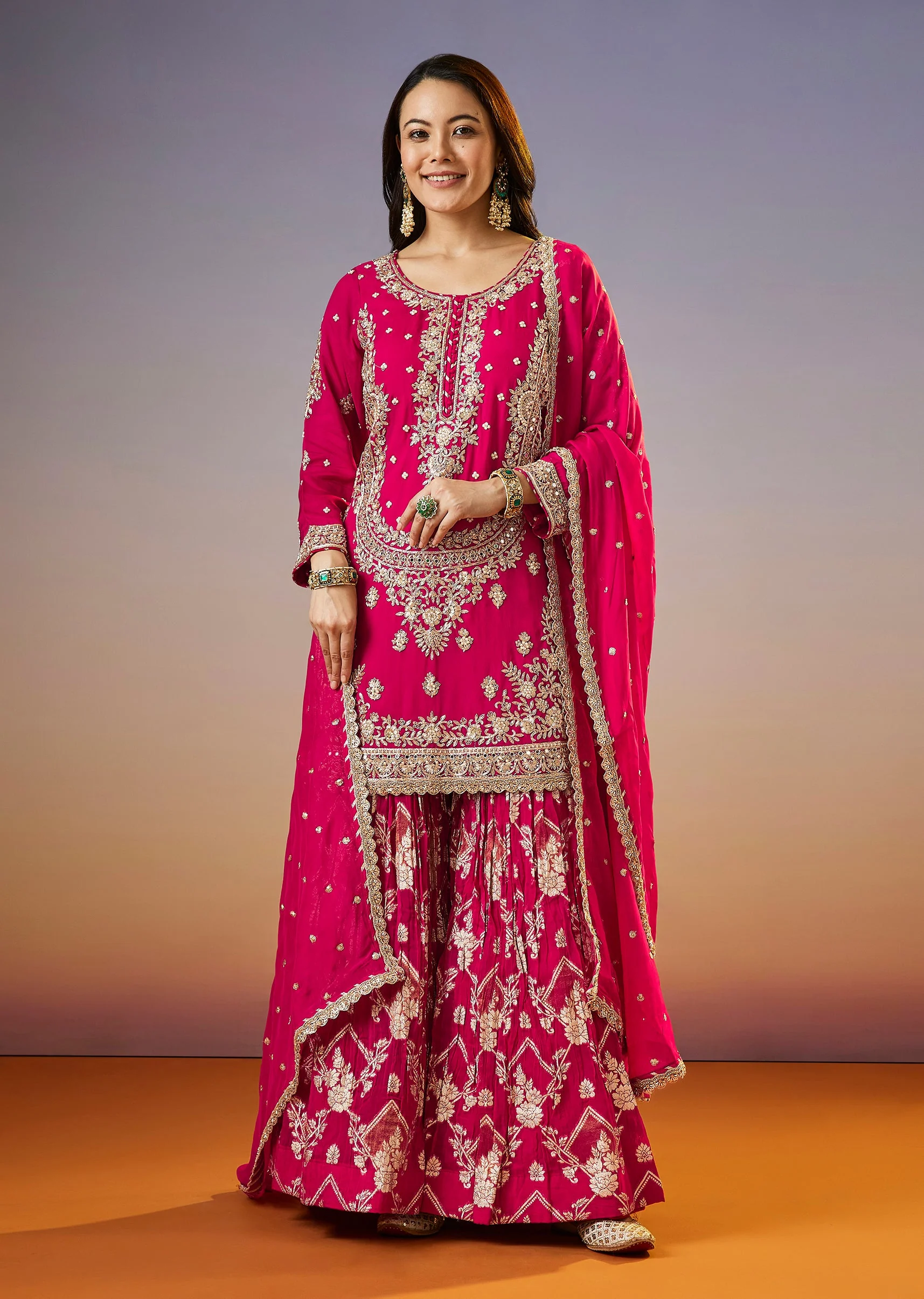Rani Pink Zardosi Palazzo Suit With Organza Dupatta - Image 3
