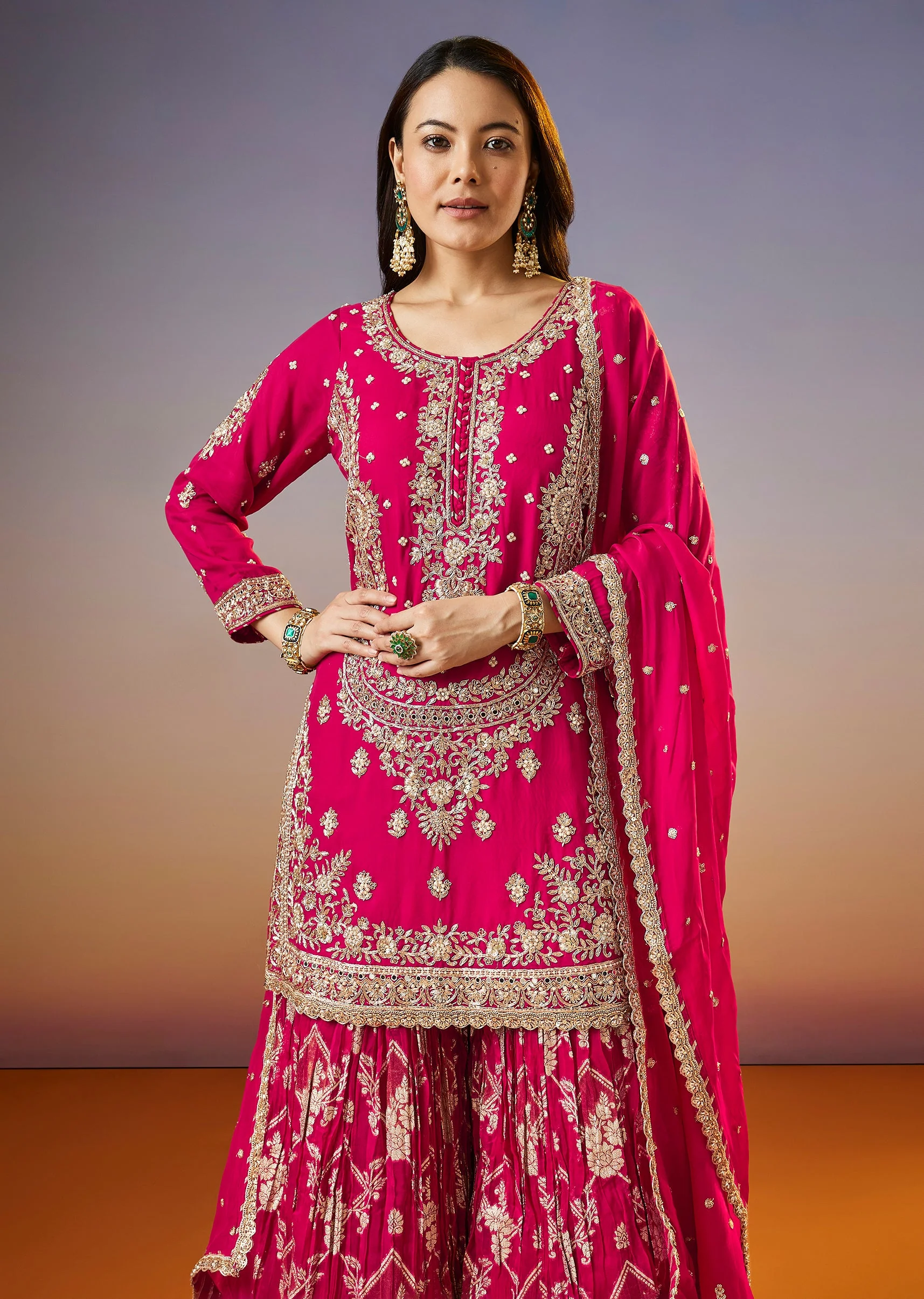 Rani Pink Zardosi Palazzo Suit With Organza Dupatta - Image 4