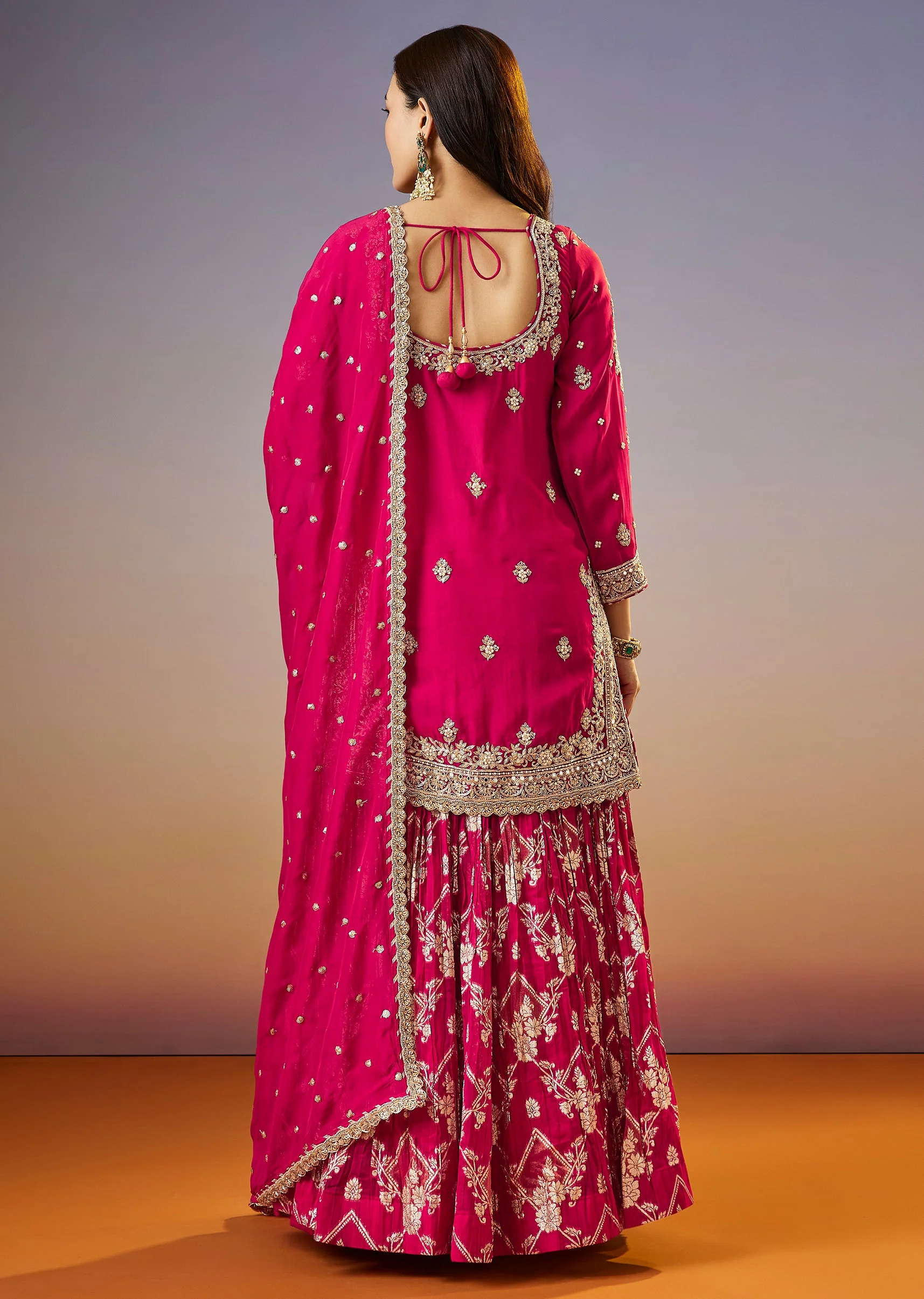Rani Pink Zardosi Palazzo Suit With Organza Dupatta - Image 5