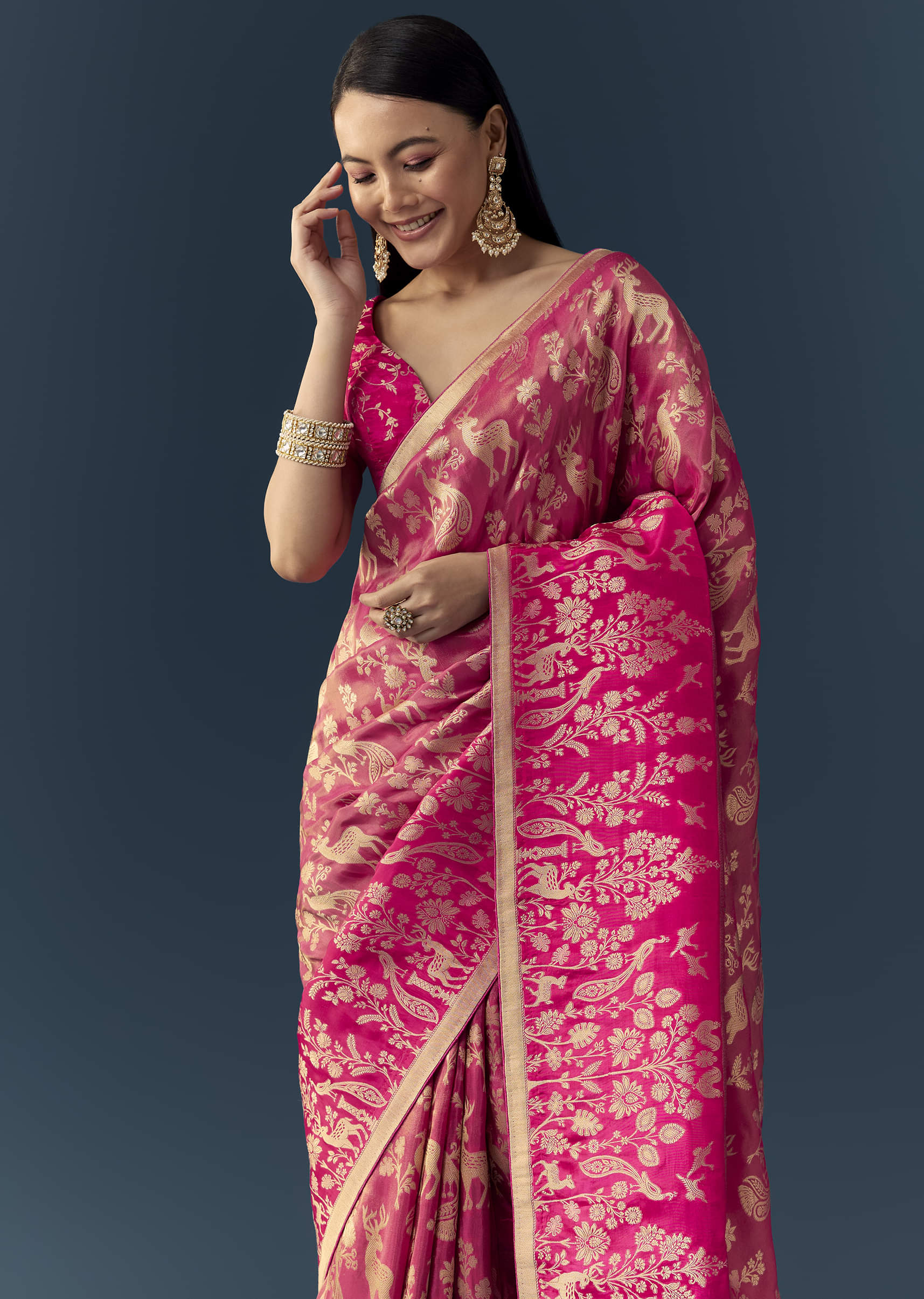 Rani Pink Zari Weave Saree with Brocade Blouse Fabric - Image 5
