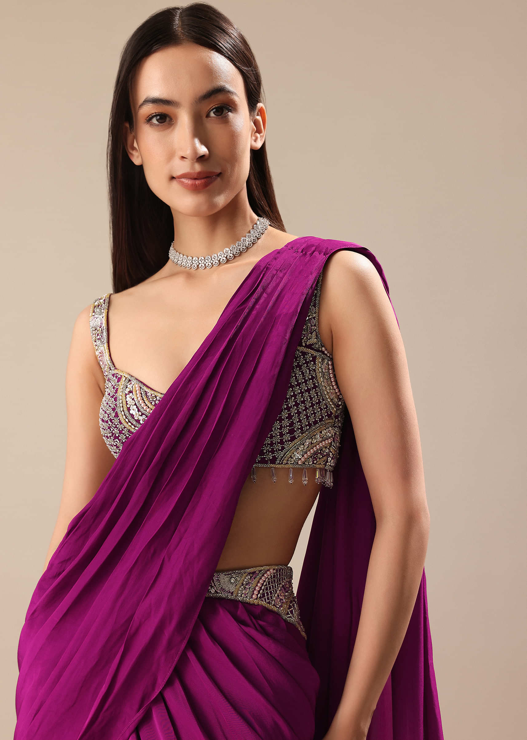 Raspberry Frill Saree With Embroidered Blouse - Image 2