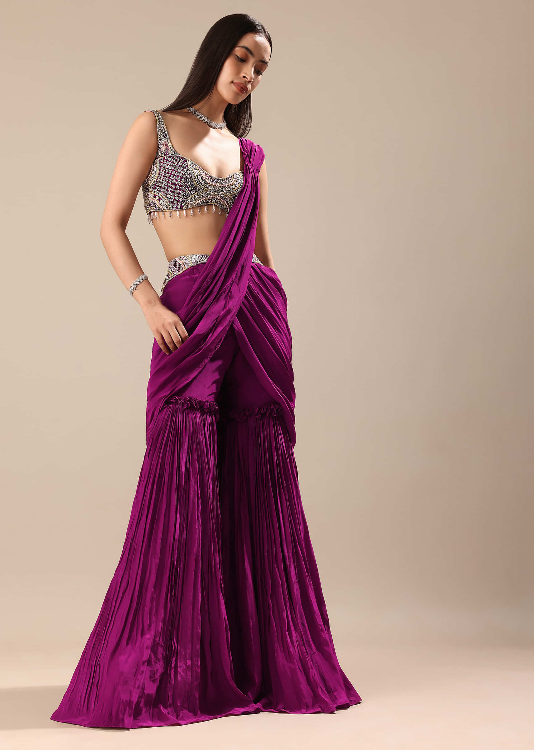 Raspberry Frill Saree With Embroidered Blouse - Image 3