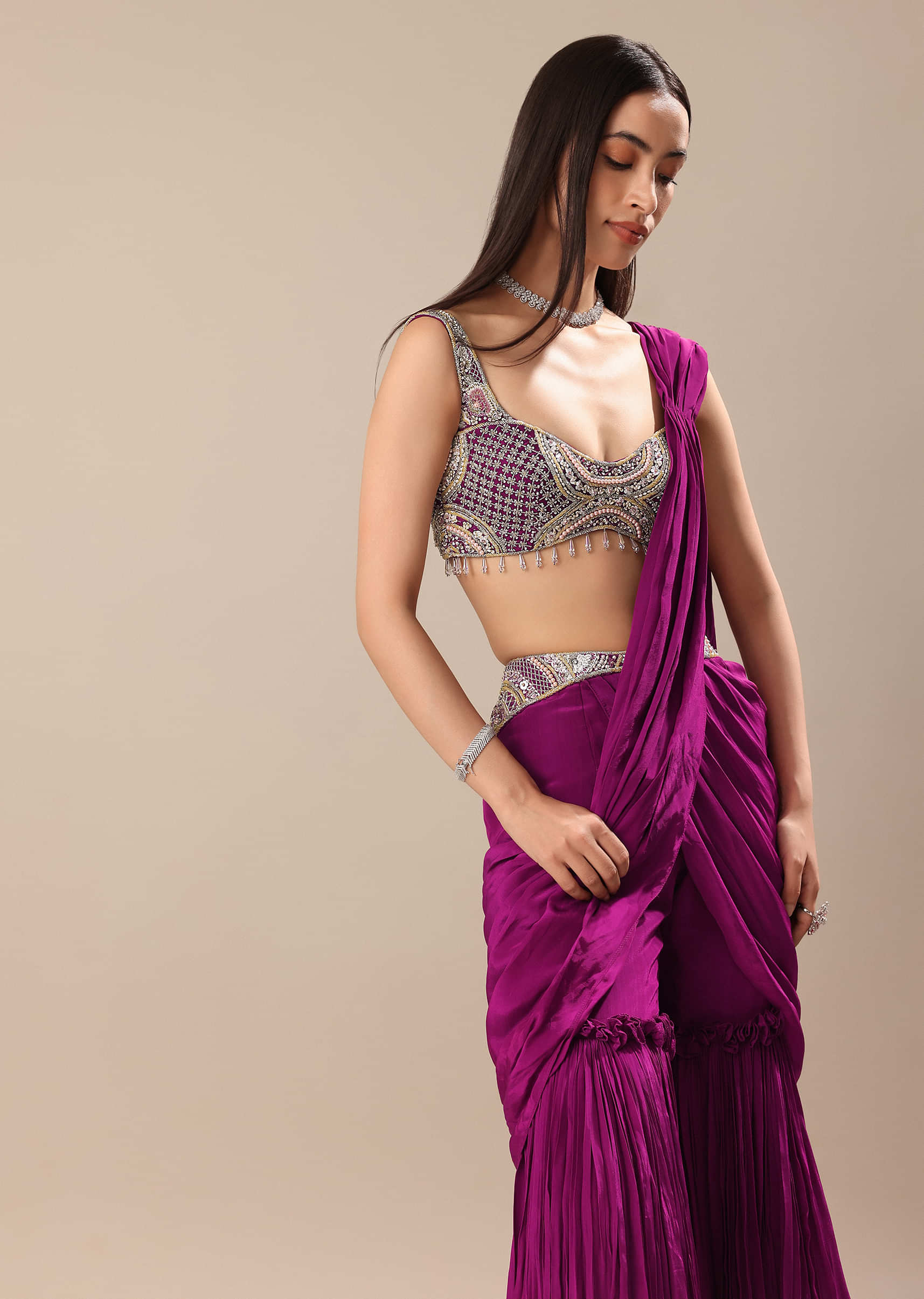 Raspberry Frill Saree With Embroidered Blouse - Image 4