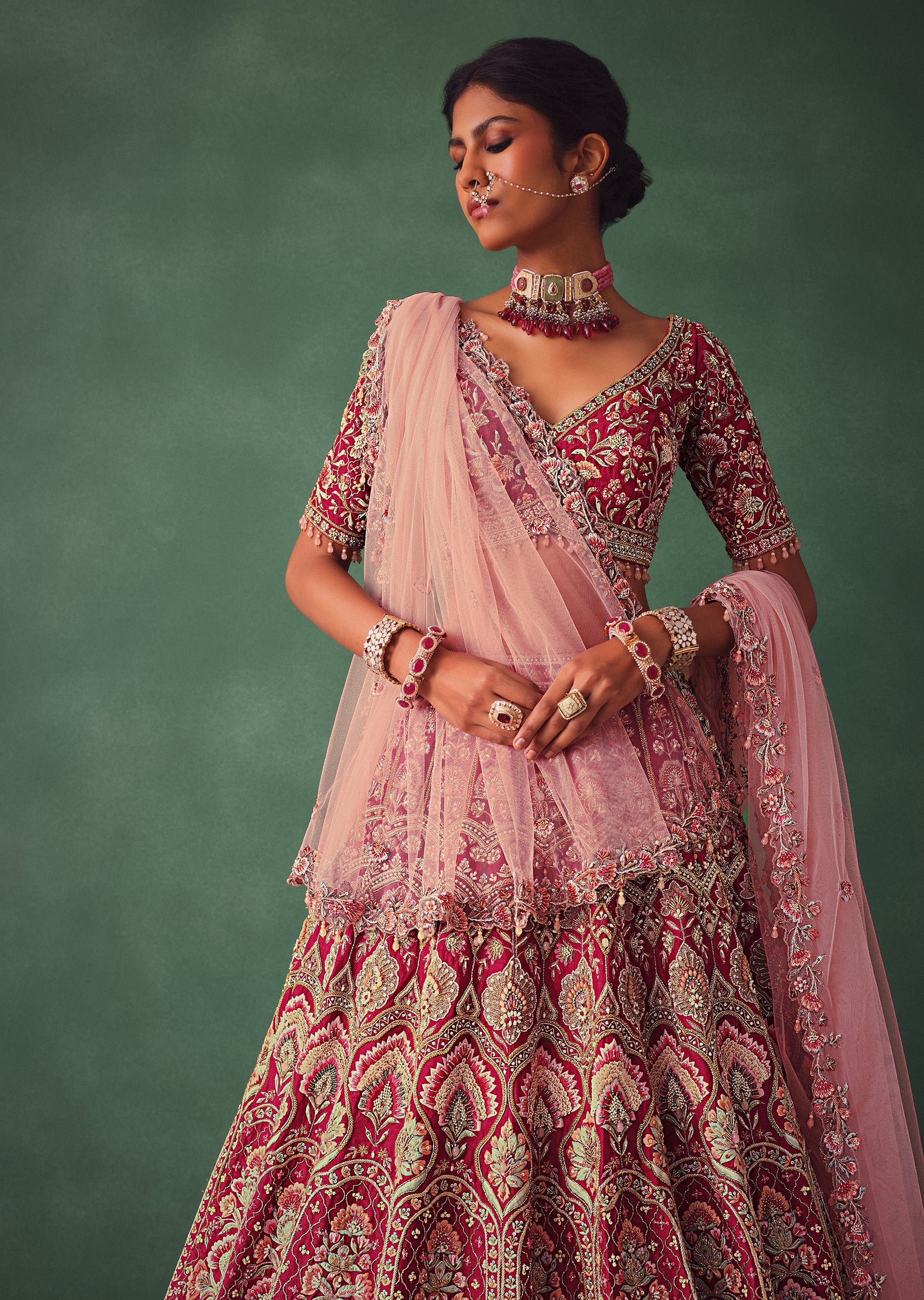 Raw Silk Red Bridal Embroidered Lehenga Set - Image 2