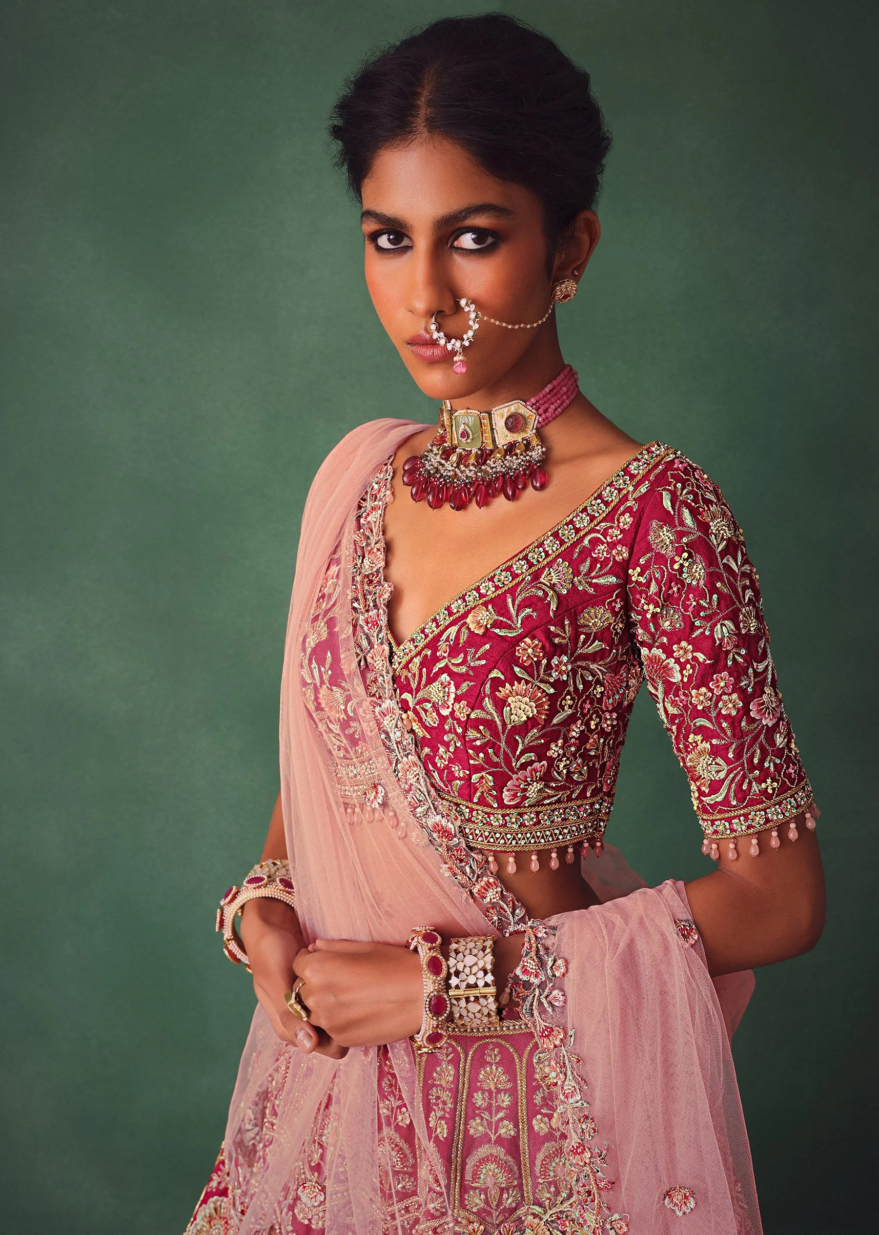 Raw Silk Red Bridal Embroidered Lehenga Set - Image 5