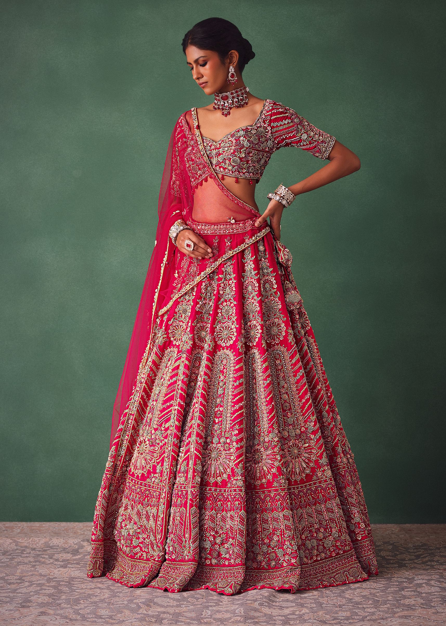 Raw Silk Red Bridal Lehenga With Embroidered Blouse And Scallop Dupatta - Image 3